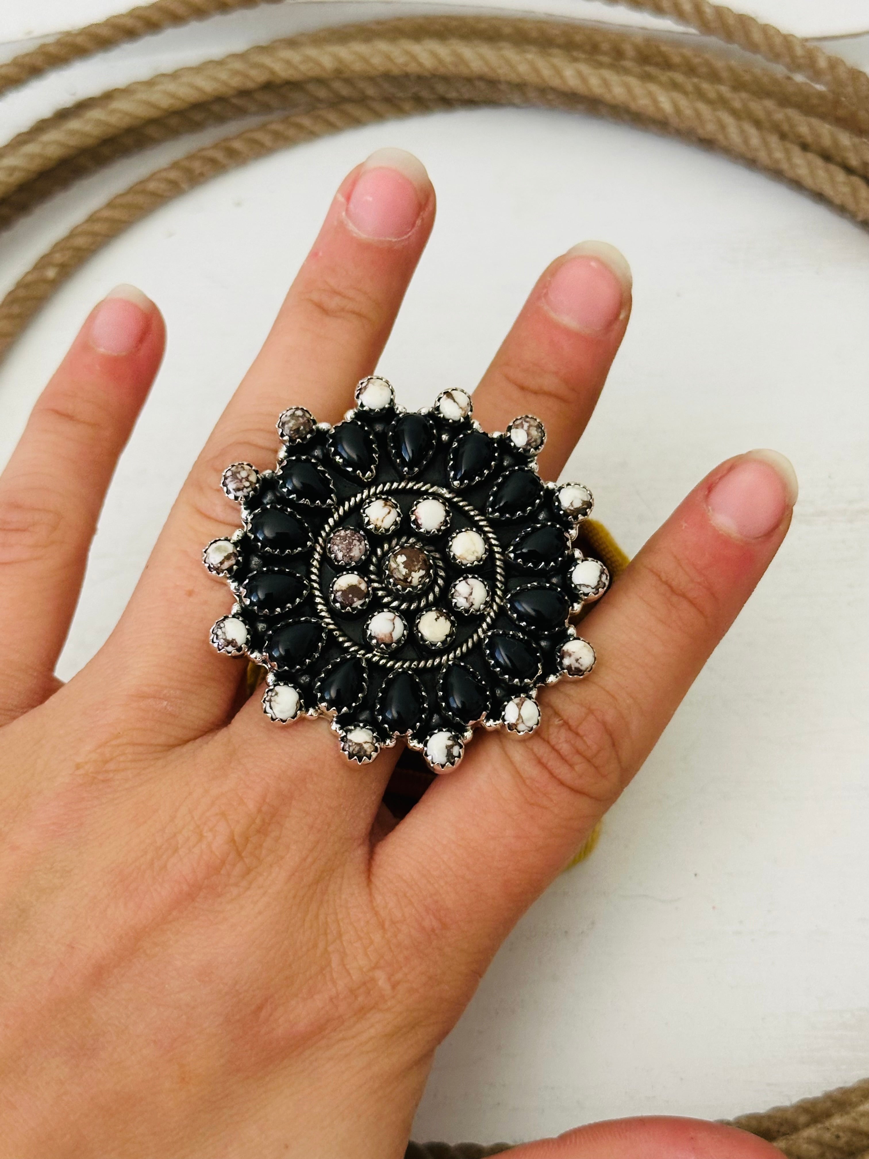 Southwest Handmade Multi Stone & Sterling Silver Adjustable Cluster Ring