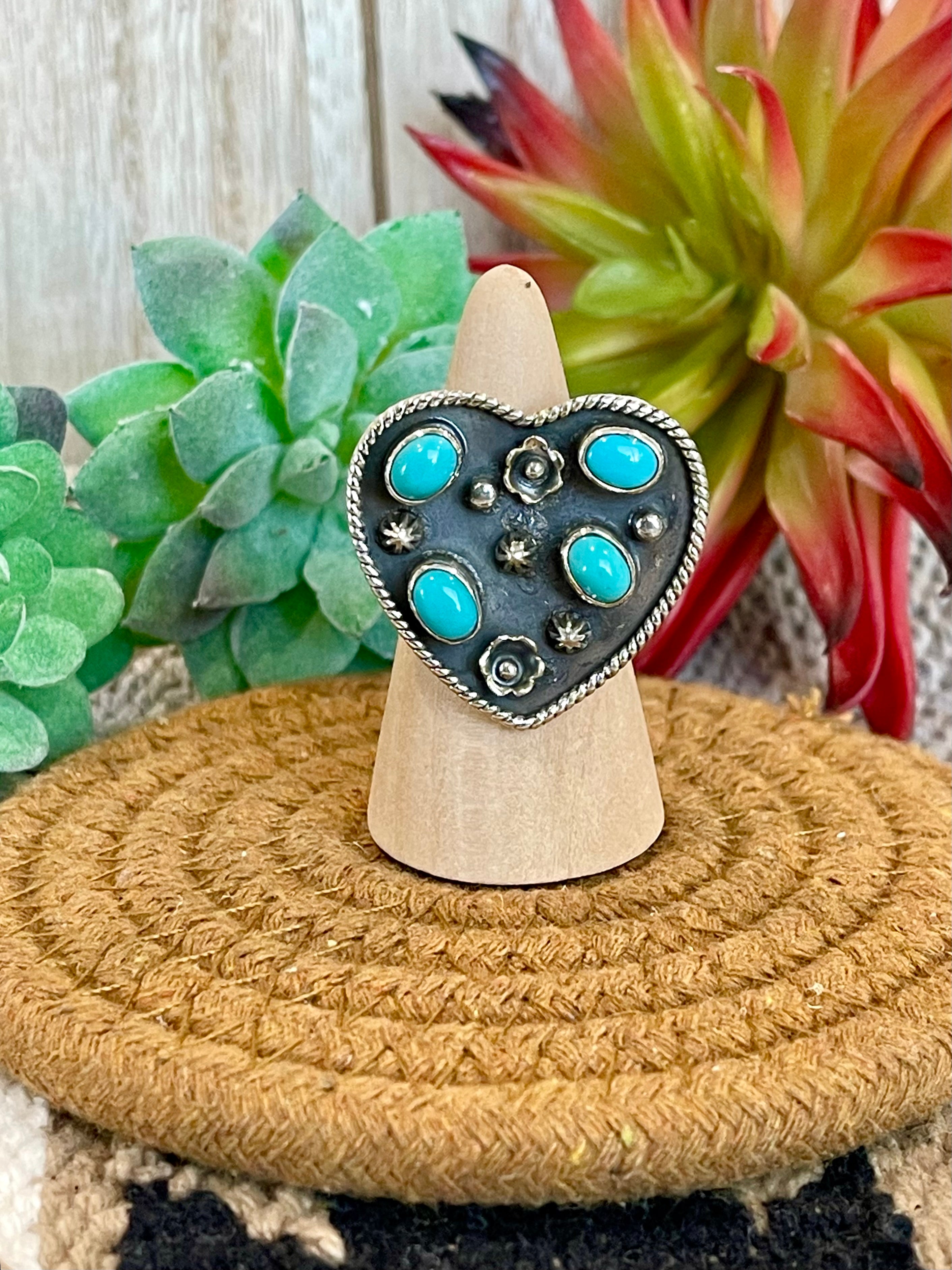 Southwest Handmade Kingman Turquoise & Sterling Silver Adjustable Heart Ring