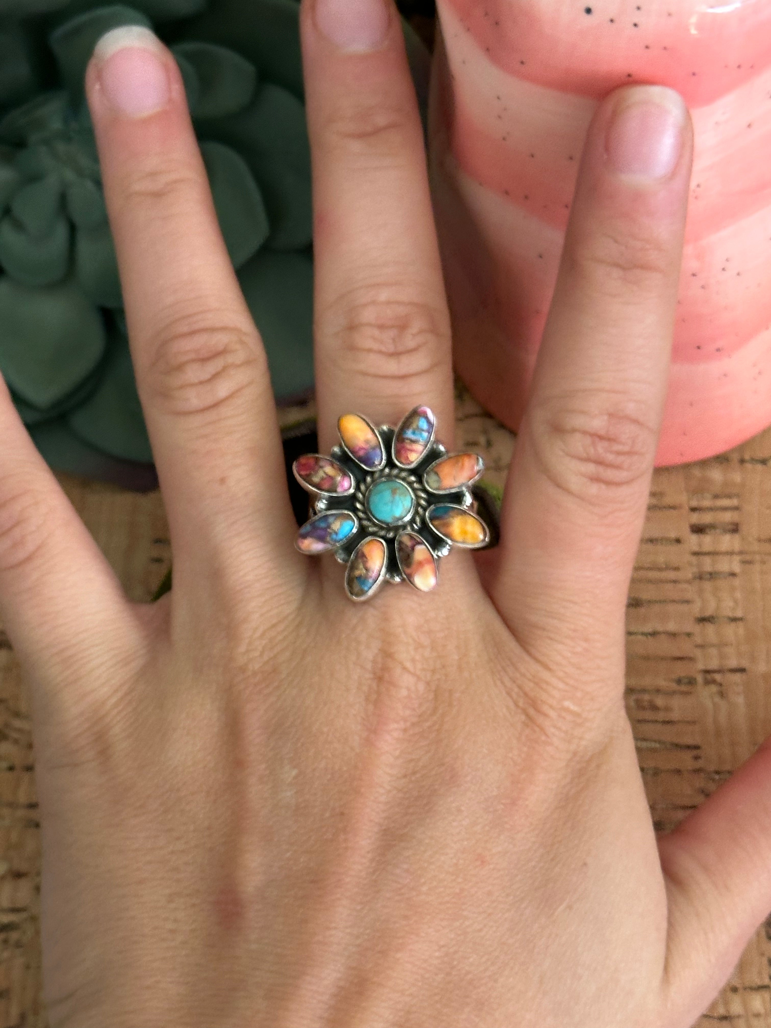 Southwest Handmade Multi Stone & Sterling Silver Adjustable Ring