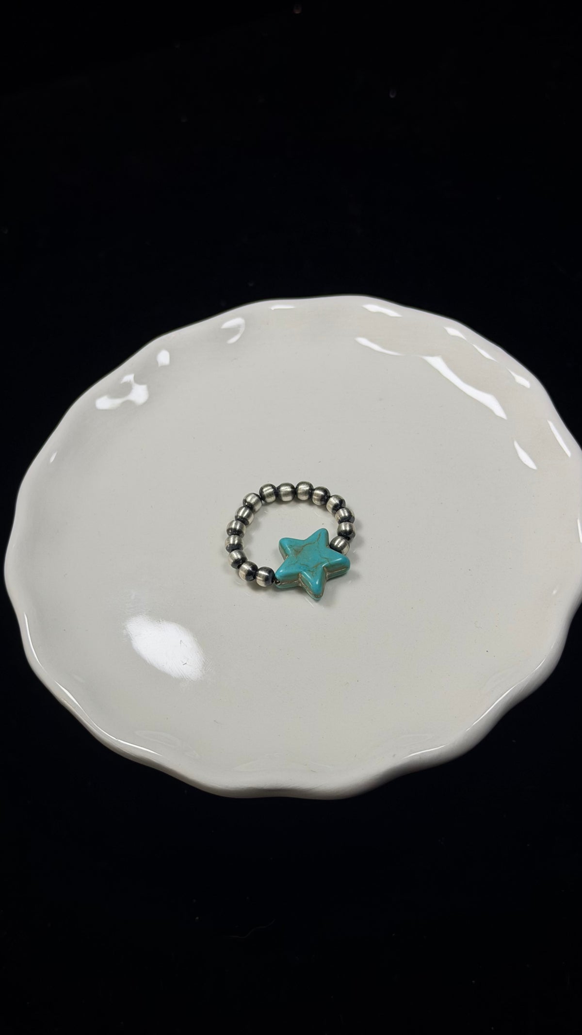 Navajo Strung Mohave Turquoise & Sterling Sliver Machine Made Pearl Star Stretch Beaded Ring