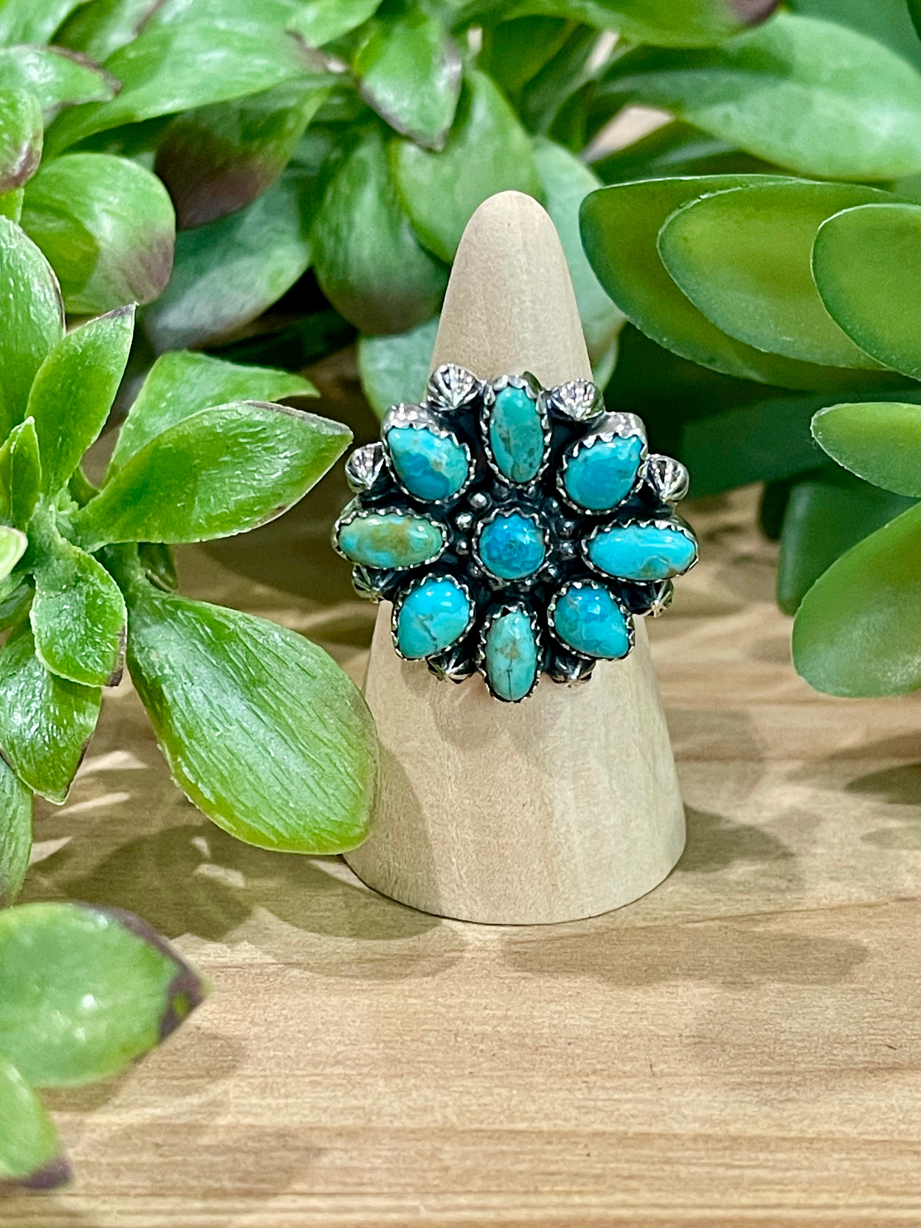 Southwest Handmade Kingman Turquoise & Sterling Silver Adjustable Flower Ring