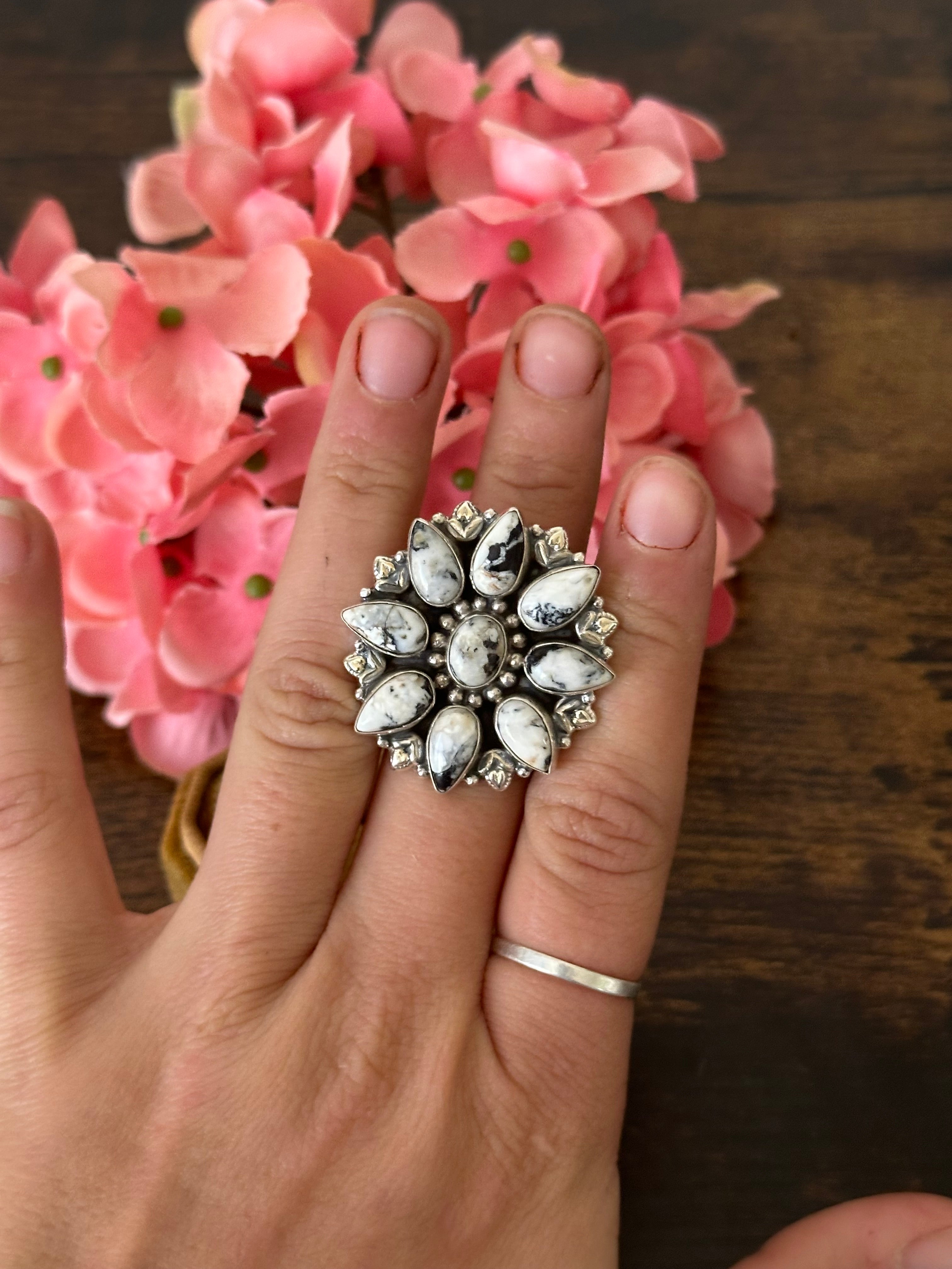 Southwest Handmade White Buffalo & Sterling Silver Cluster Adjustable Ring