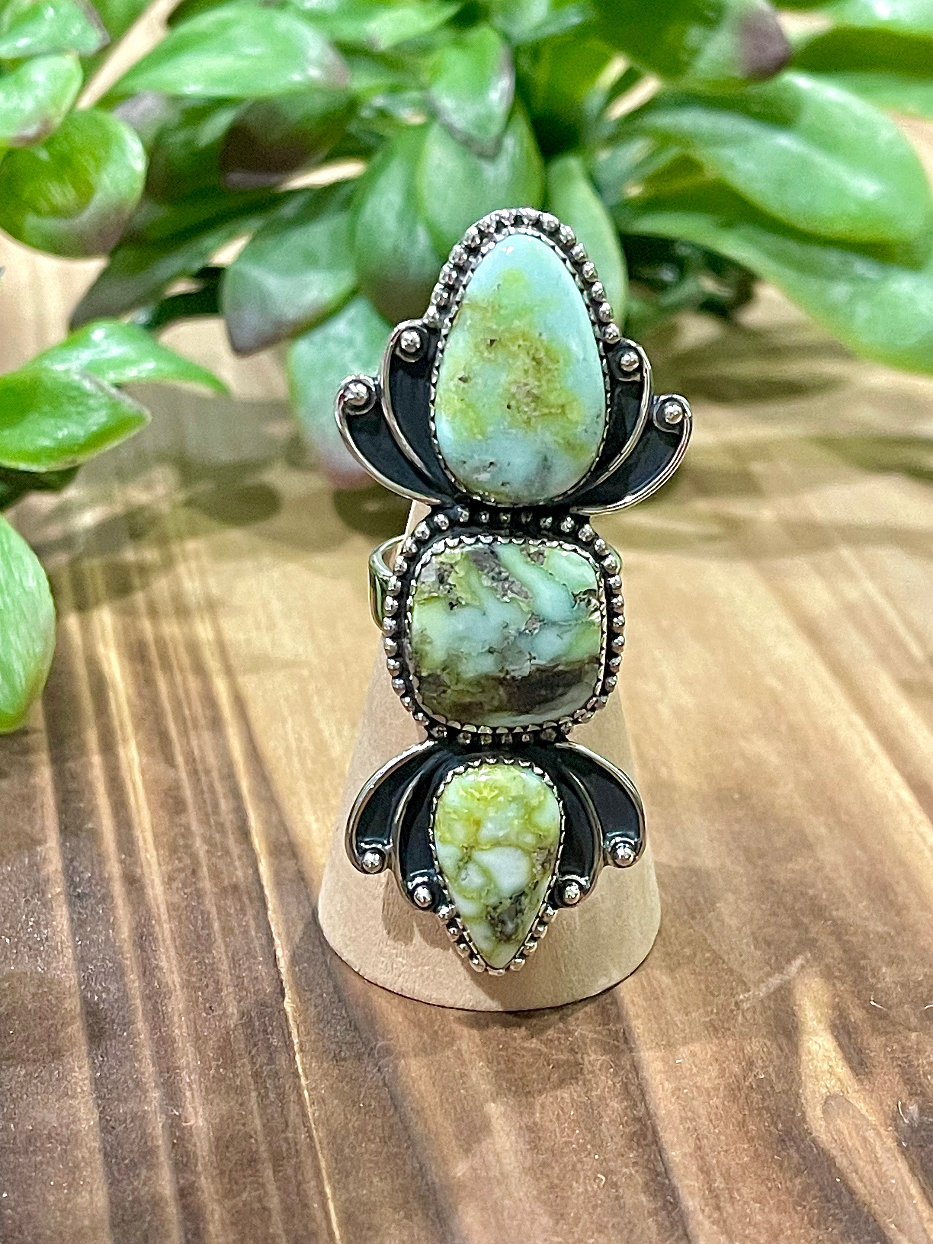 Southwest Handmade Palomino Variscite & Sterling Silver Adjustable 3 Stone Ring