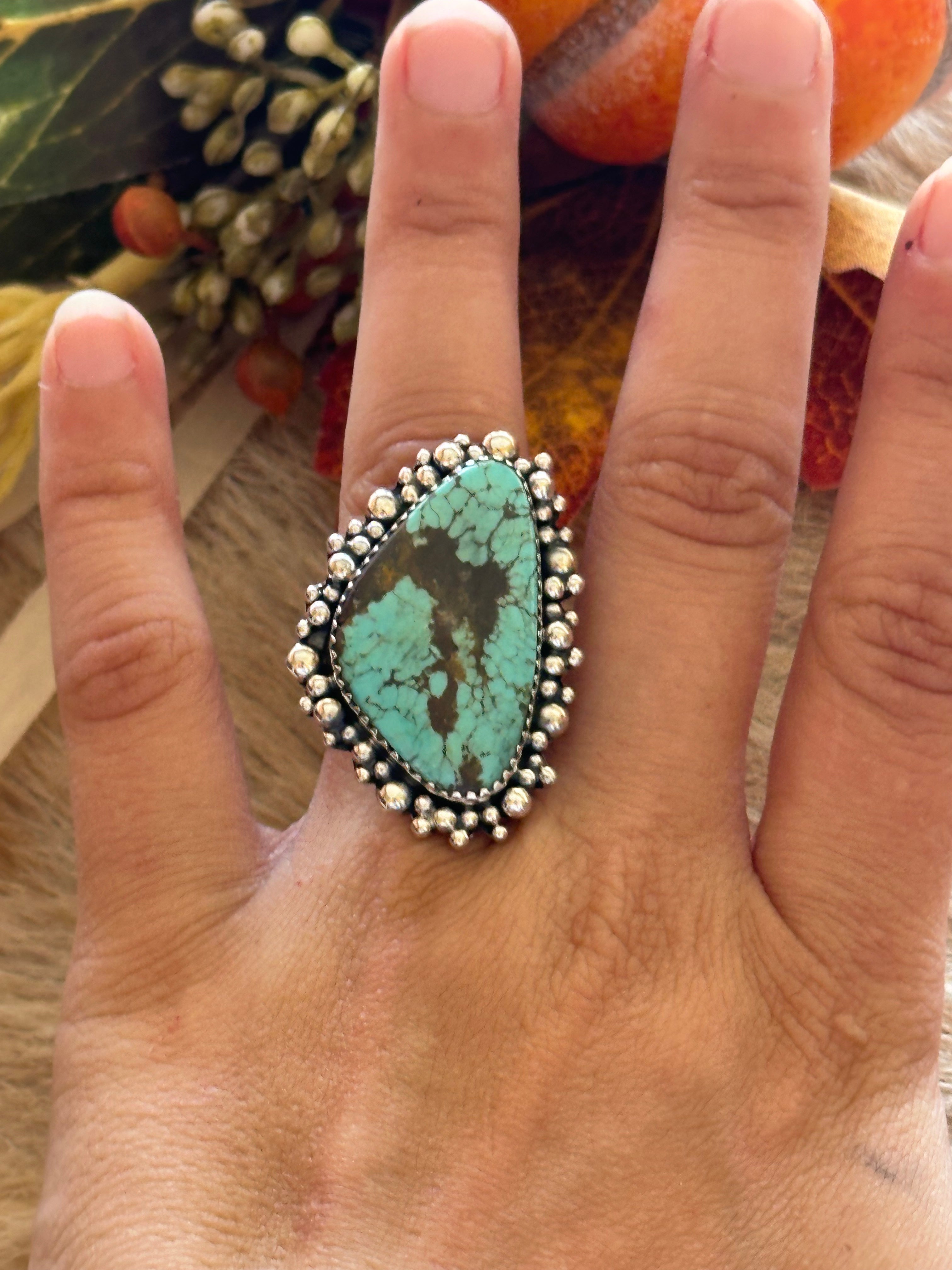 Southwest Handmade #8 Turquoise & Sterling Silver Adjustable Ring