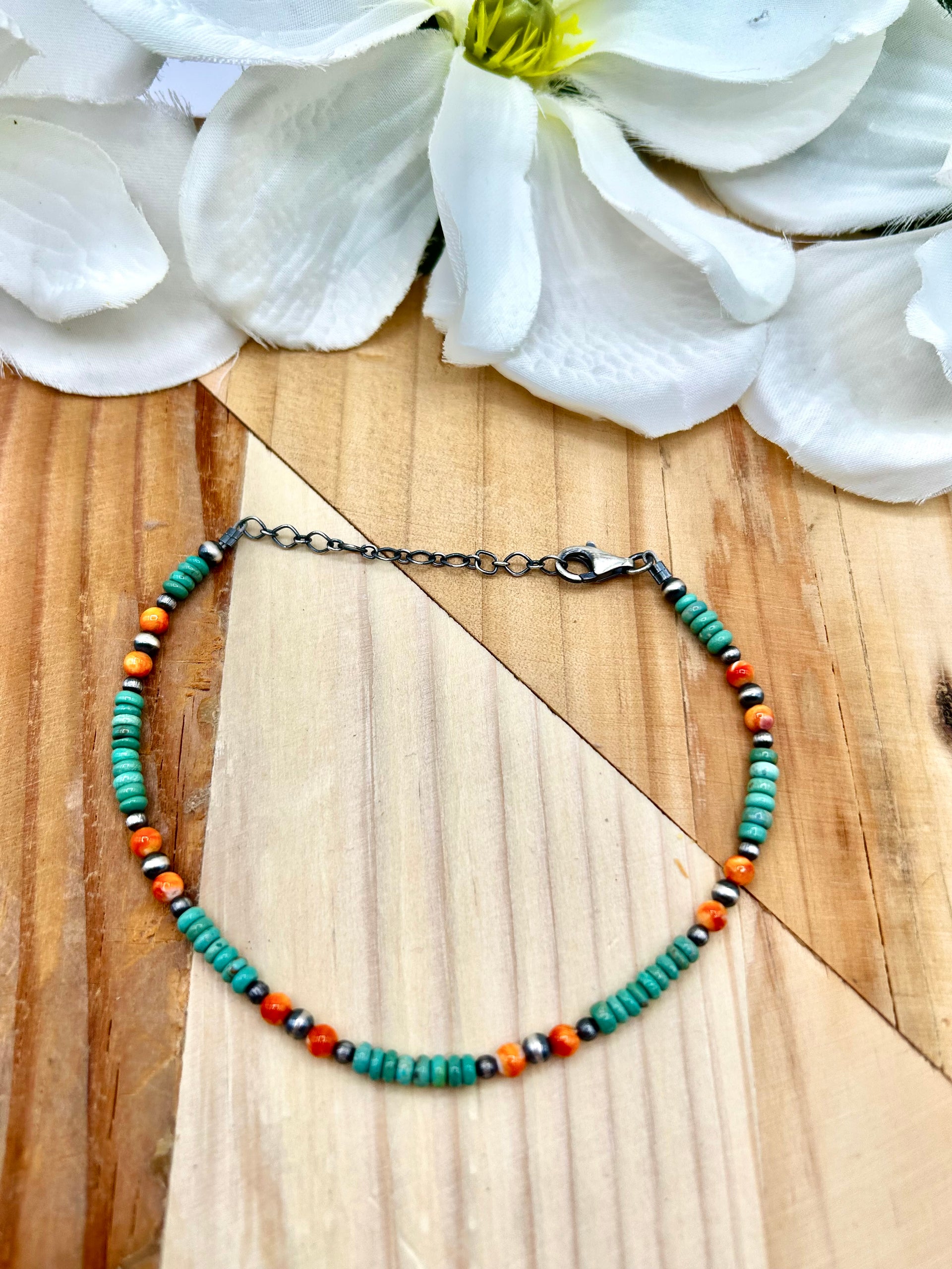 Navajo Made Multi Stone & Sterling Silver Strung Anklet
