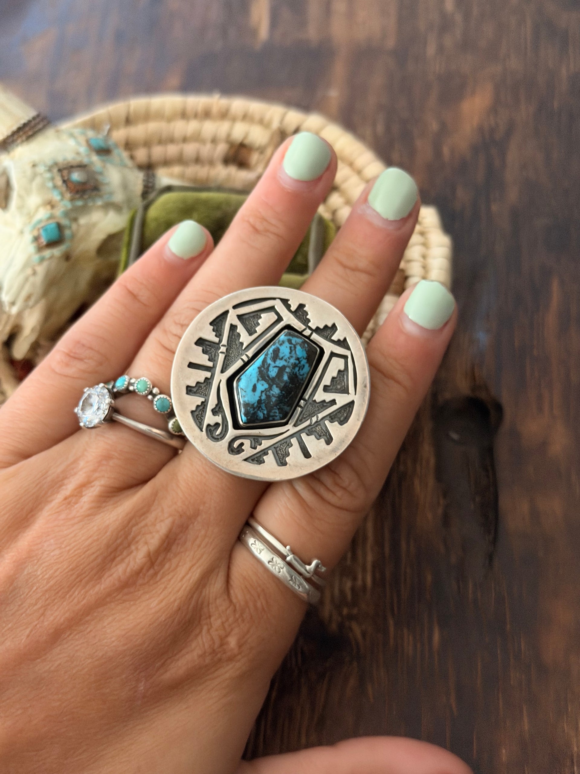 Navajo Made Kingman Turquoise & Sterling Silver Ring Size 7.5