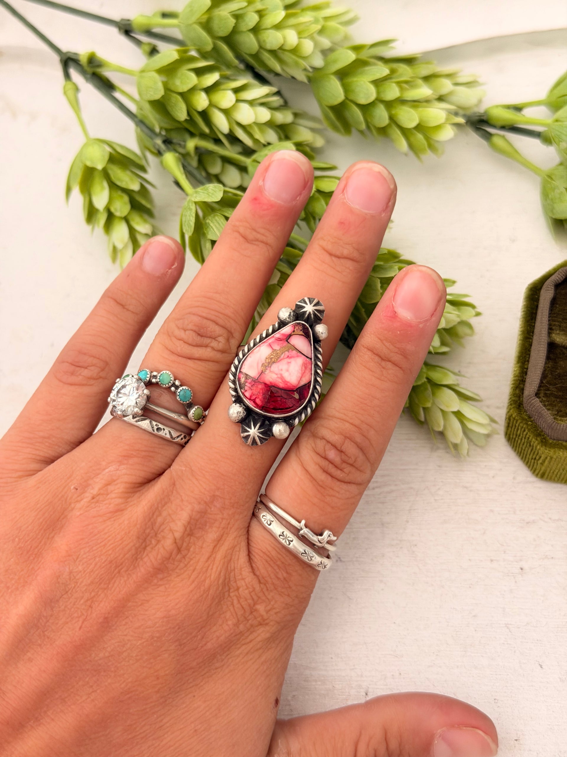 Johnny Dixon Rose Dahlia & Sterling Sliver Cluster Adjustable Ring