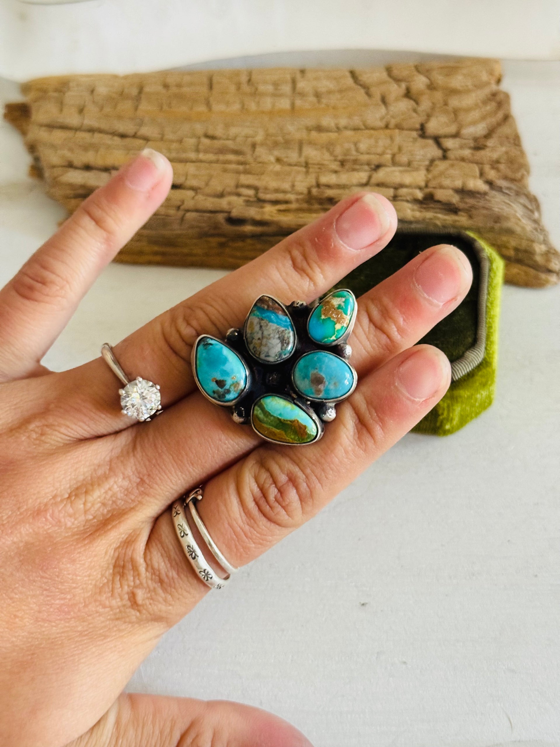 Navajo Made Multi Turquoise & Sterling Silver Adjustable Cluster Ring