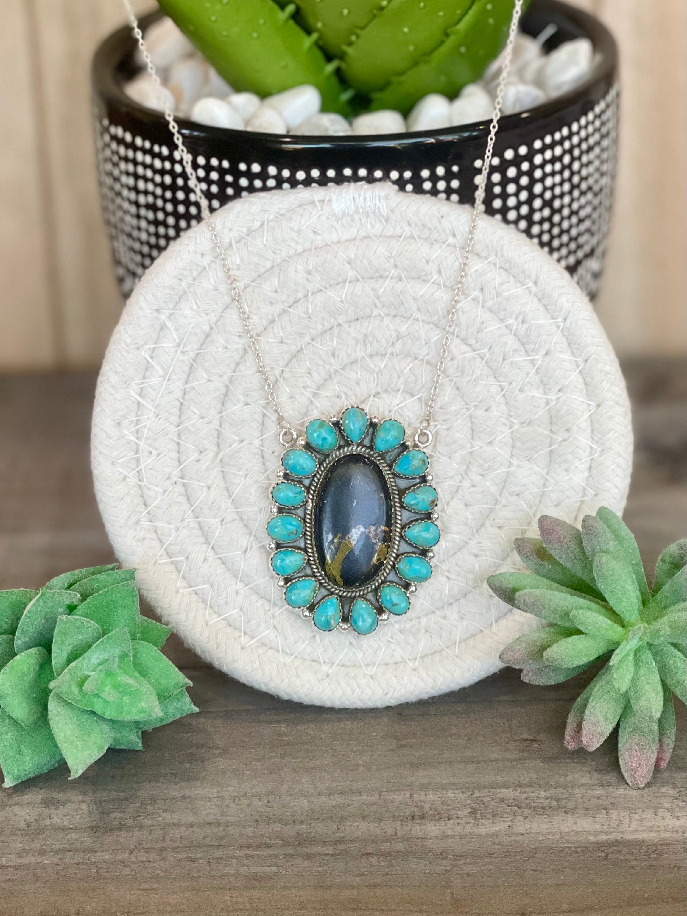 Southwest Handmade BlackJack Turquoise And Kingman Turquoise & Sterling Silver Necklace