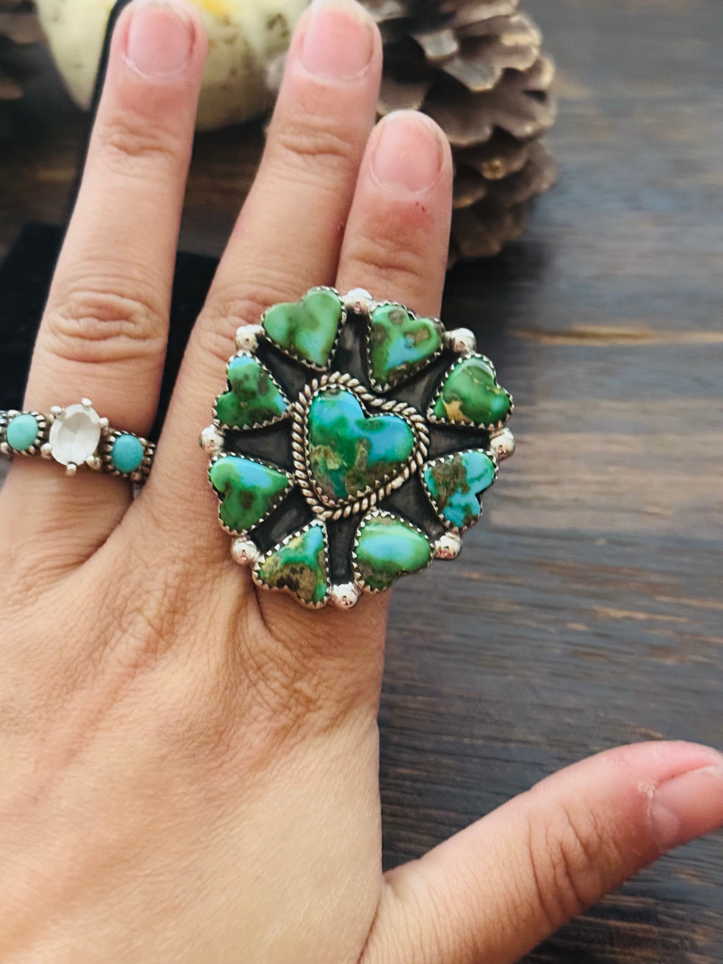 Southwest Handmade Sonoran Mountain Turquoise & Sterling Silver Adjustable Cluster Ring