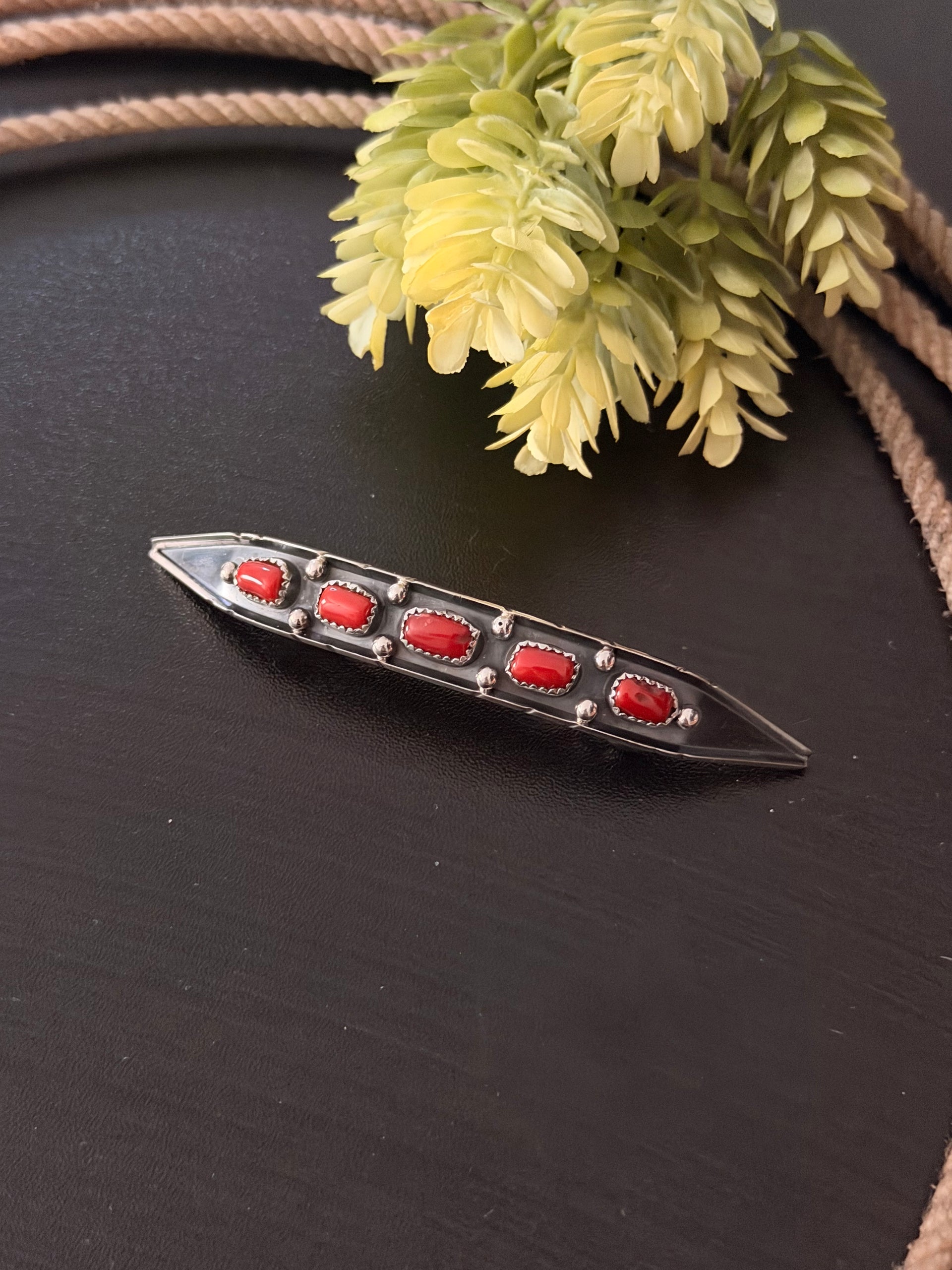 Navajo Made Mediterranean Coral & Sterling Silver Hair Barrette