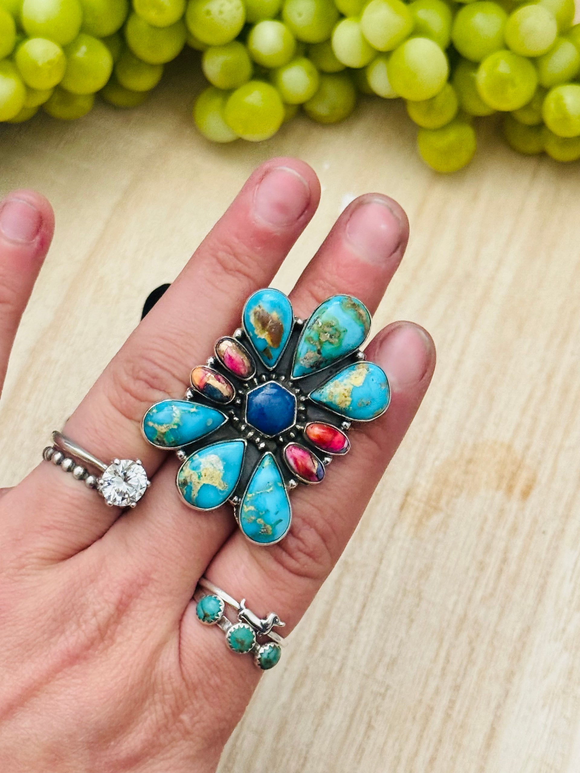 Southwest Handmade Multi Stone & Sterling Silver Adjustable Cluster Ring