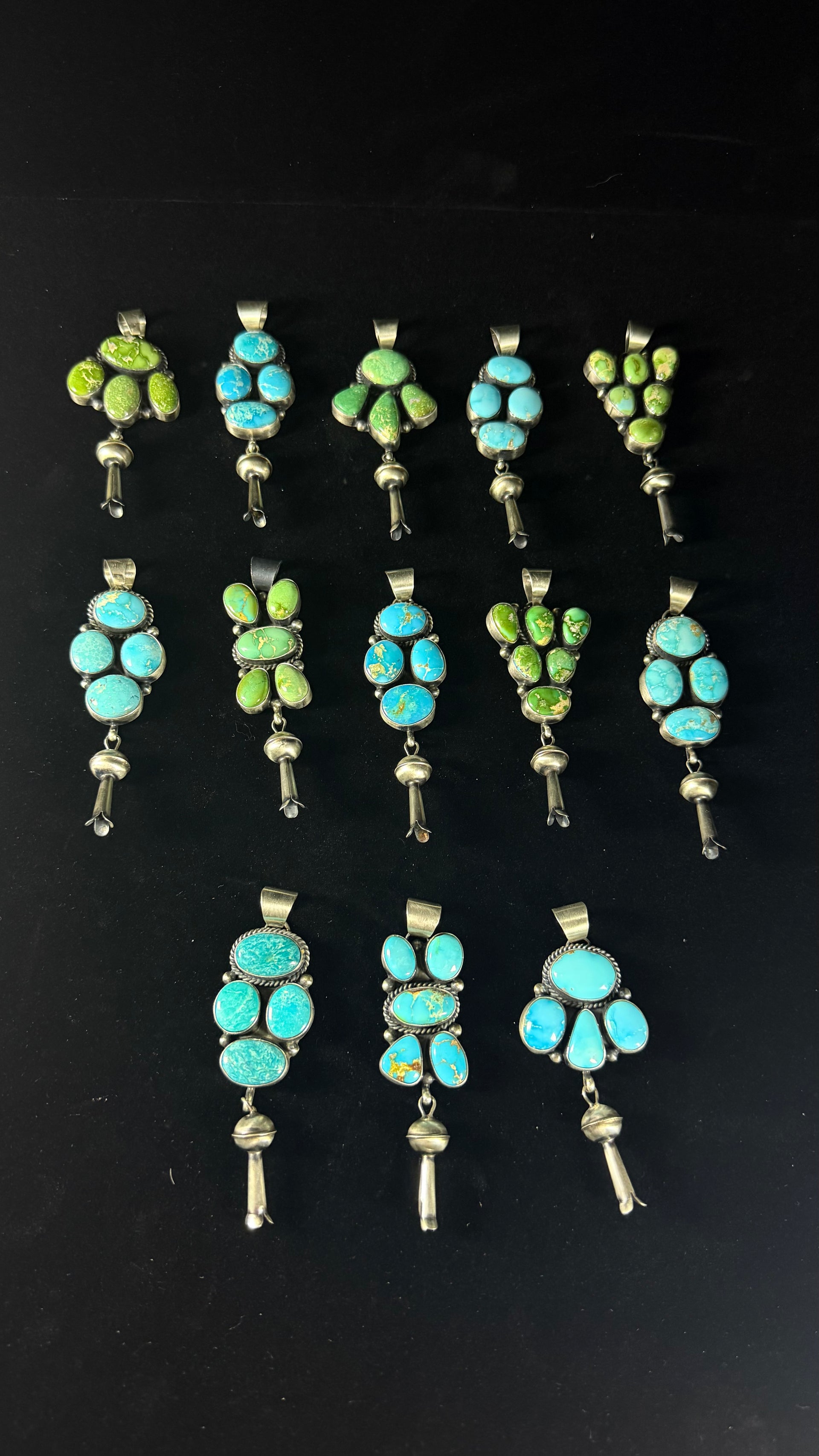 Navajo Made Sonoran Turquoise & Sterling Silver Cluster Blossom Pendant