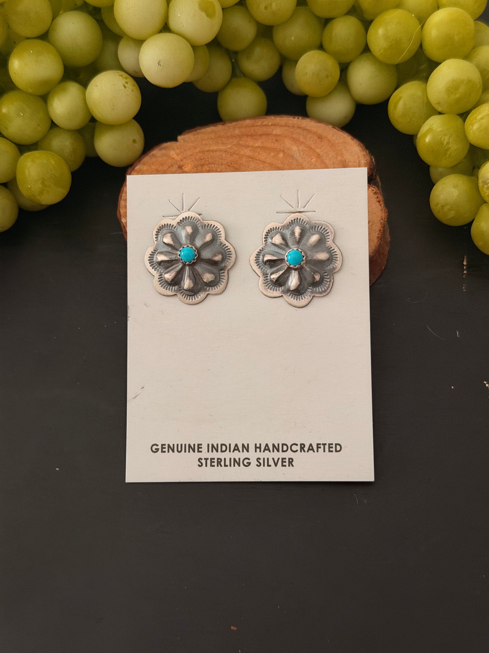 Navajo Made Sleeping Beauty Turquoise & Sterling Silver Post Concho Earrings