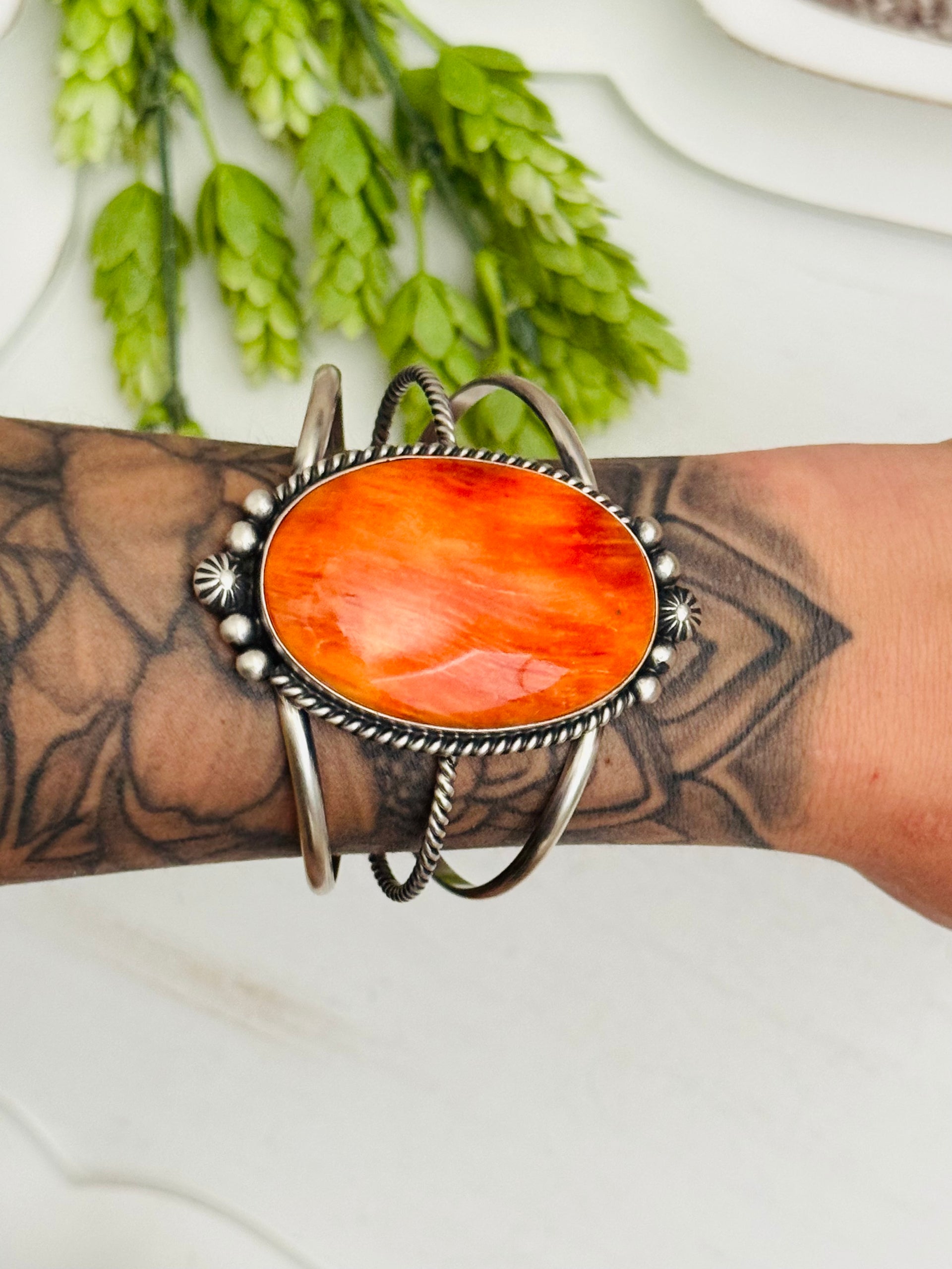Irene Kee Red Spiny Oyster & Sterling Silver Cuff Bracelet