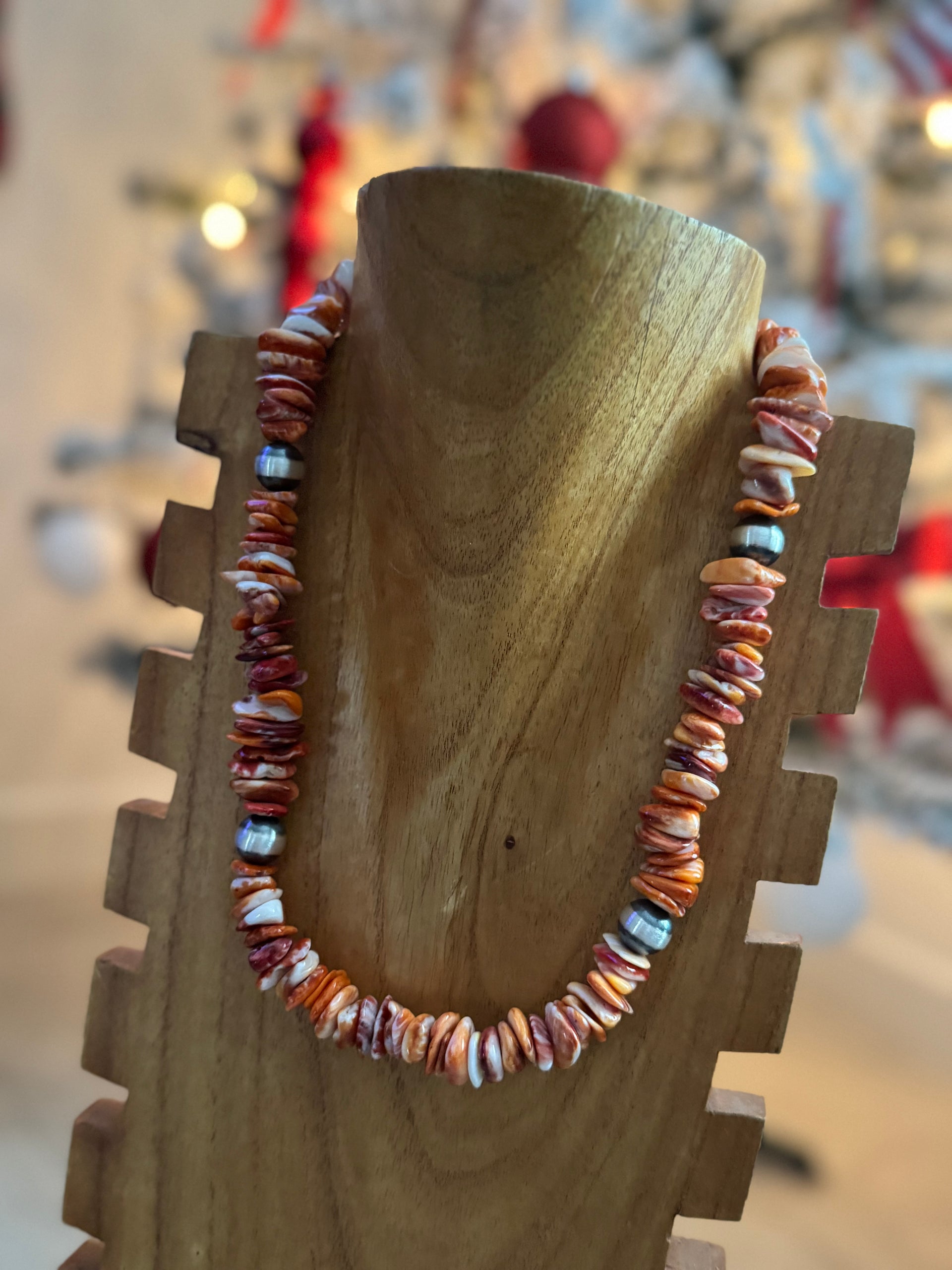 Navajo Strung Red/Orange Spiny Oyster & Sterling Silver Pearl Necklace