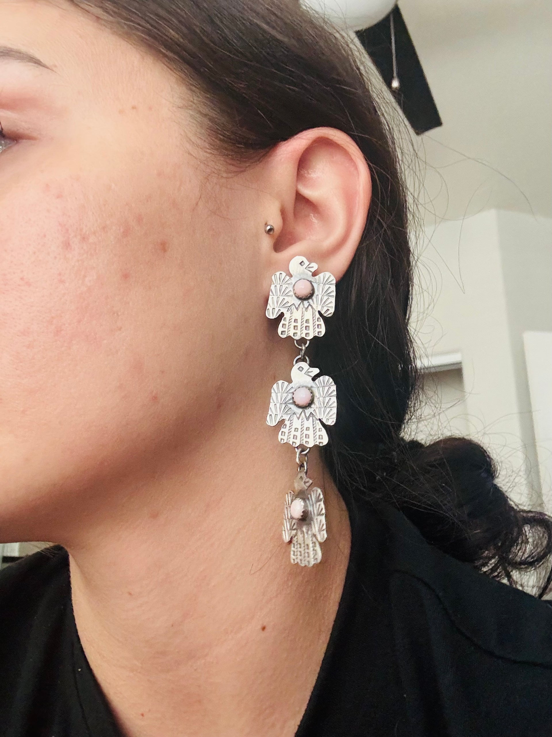 Navajo Made Pink Conch & Sterling Silver Post Dangle Thunderbird Earrings