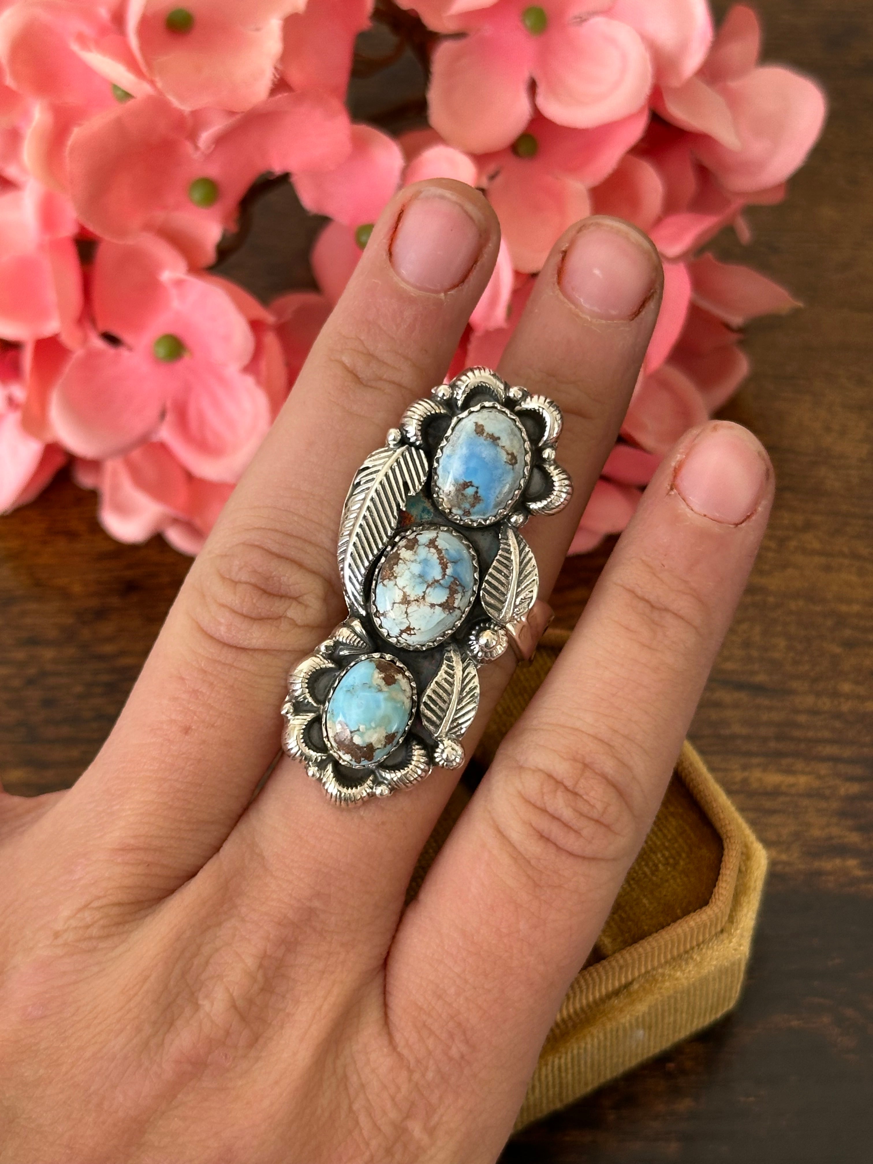 Southwest Handmade Golden Hills Turquoise & Sterling Silver Cluster Adjustable Ring