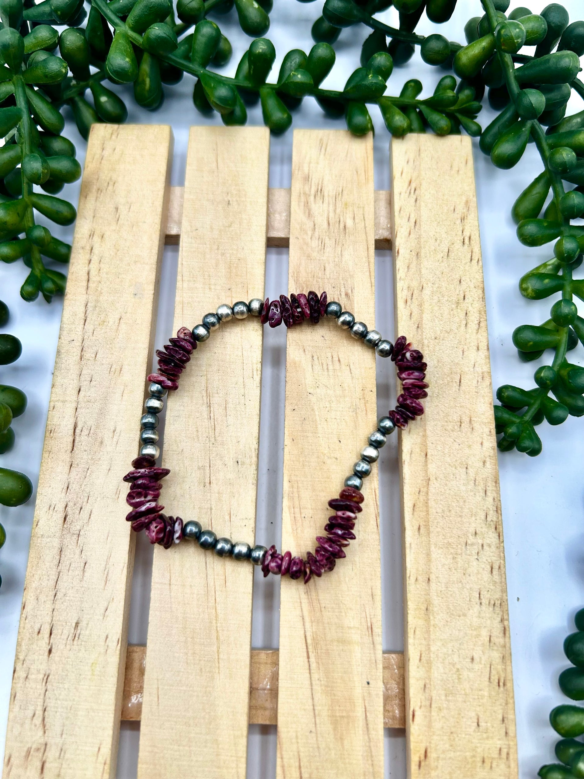 Navajo Made Strung Purple Spiny Oyster & Sterling Silver Strung Stretchy Bracelet