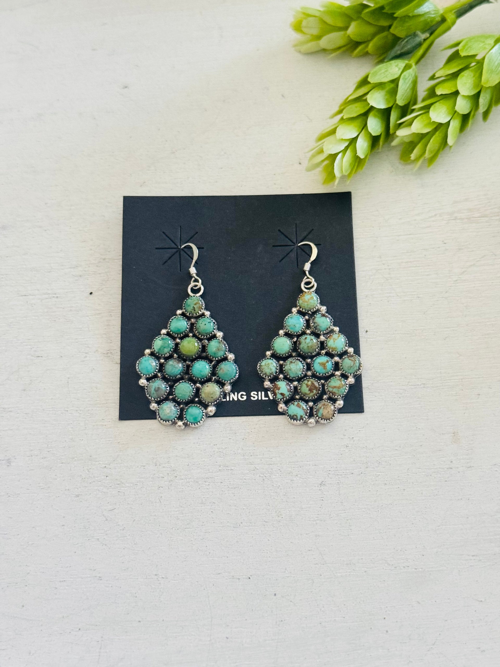 Annie Spencer Kingman Turquoise & Sterling Silver Cluster Dangle Earrings