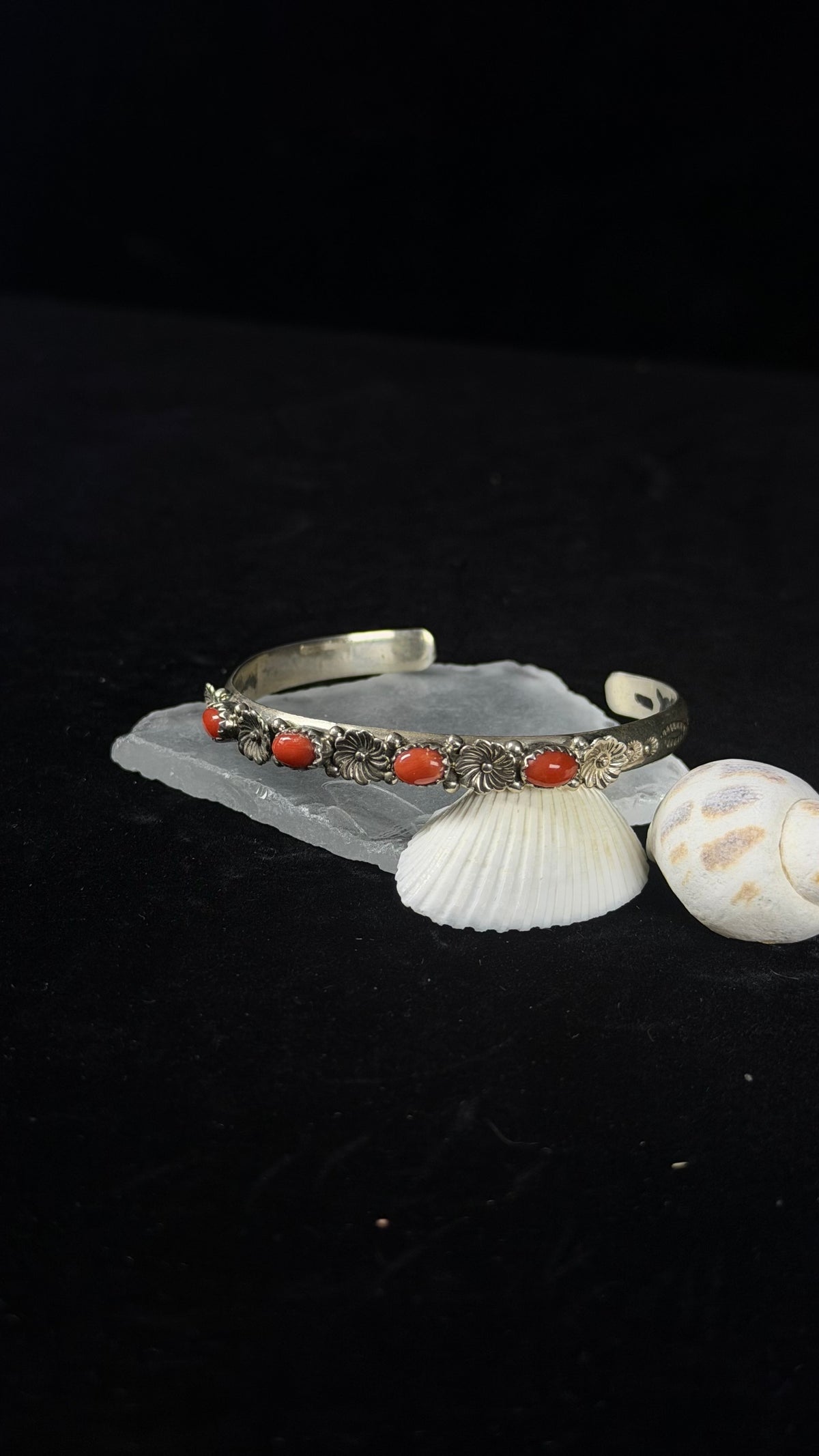 Navajo Made Natural Coral & Sterling Silver Cuff Bracelet