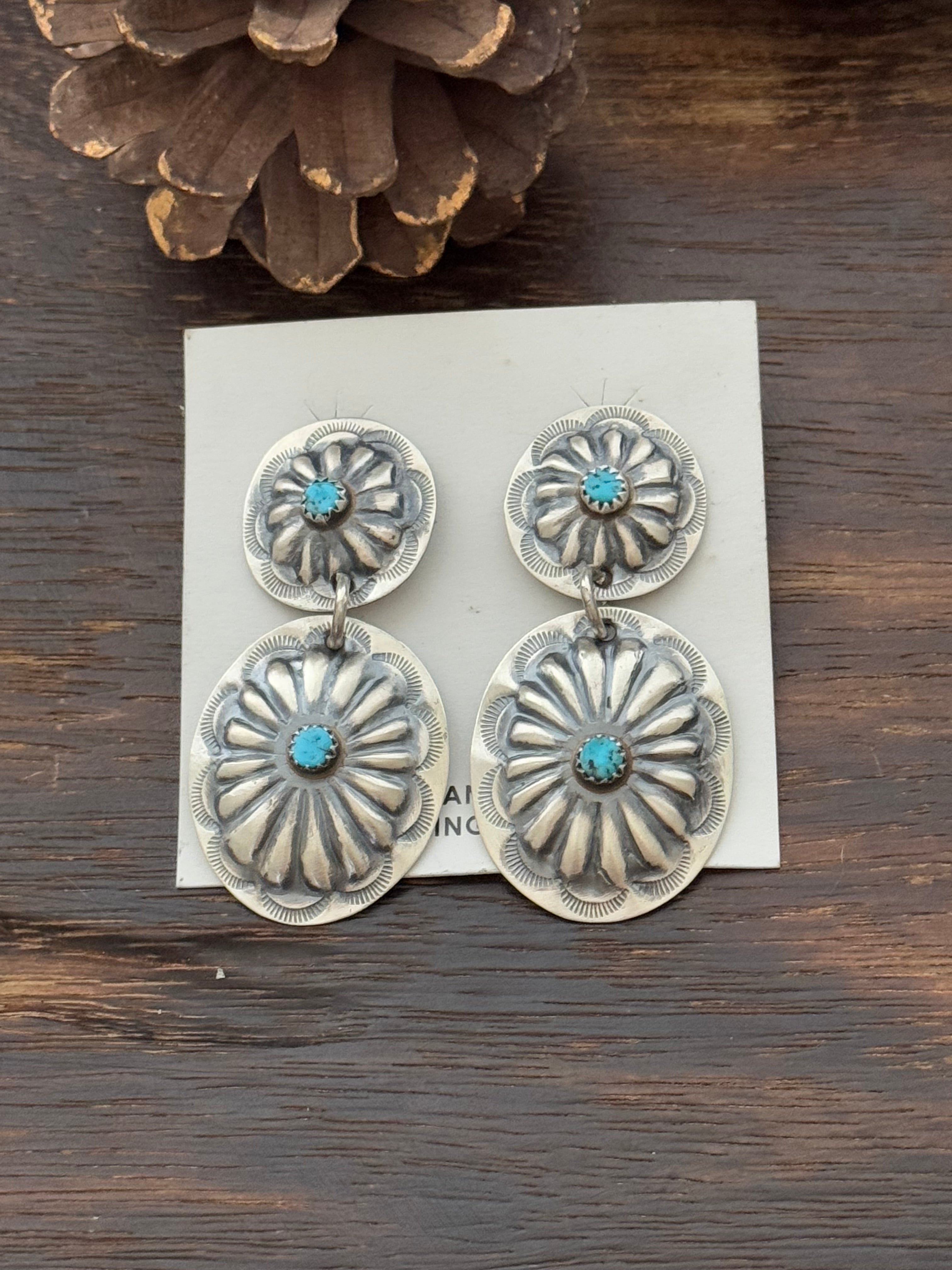 Navajo Made Kingman Turquoise & Sterling Silver Post Dangle Concho Earrings