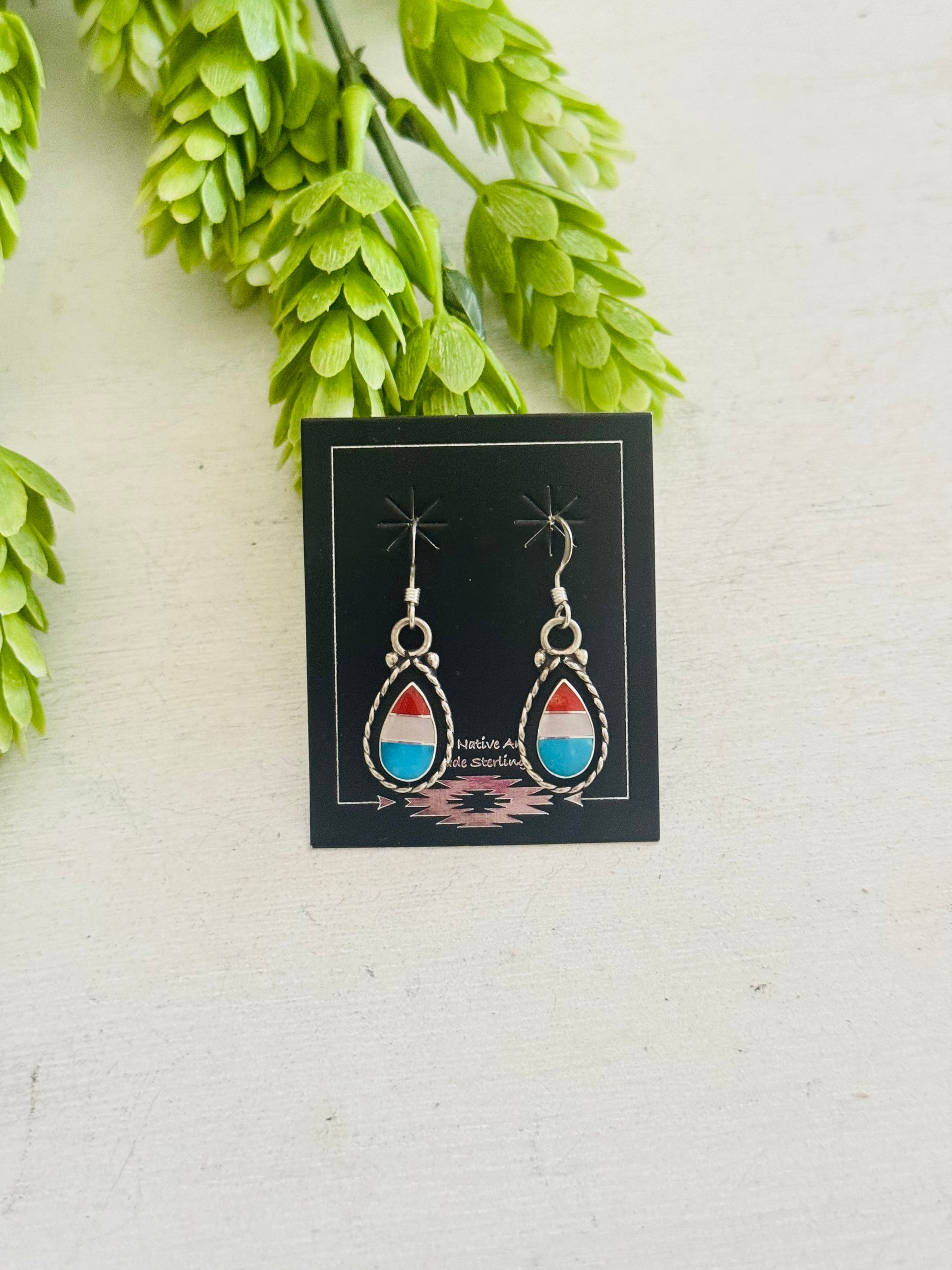 Zuni Made Multi Stone & Sterling Silver Dangle Inlay Shadowbox Earrings