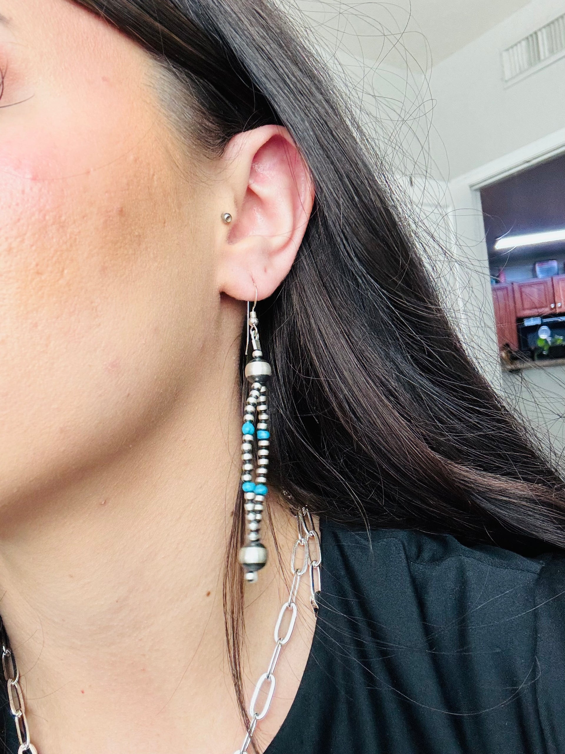 Navajo Strung Kingman & Sterling Silver Graduated Pearls Dangle Earrings