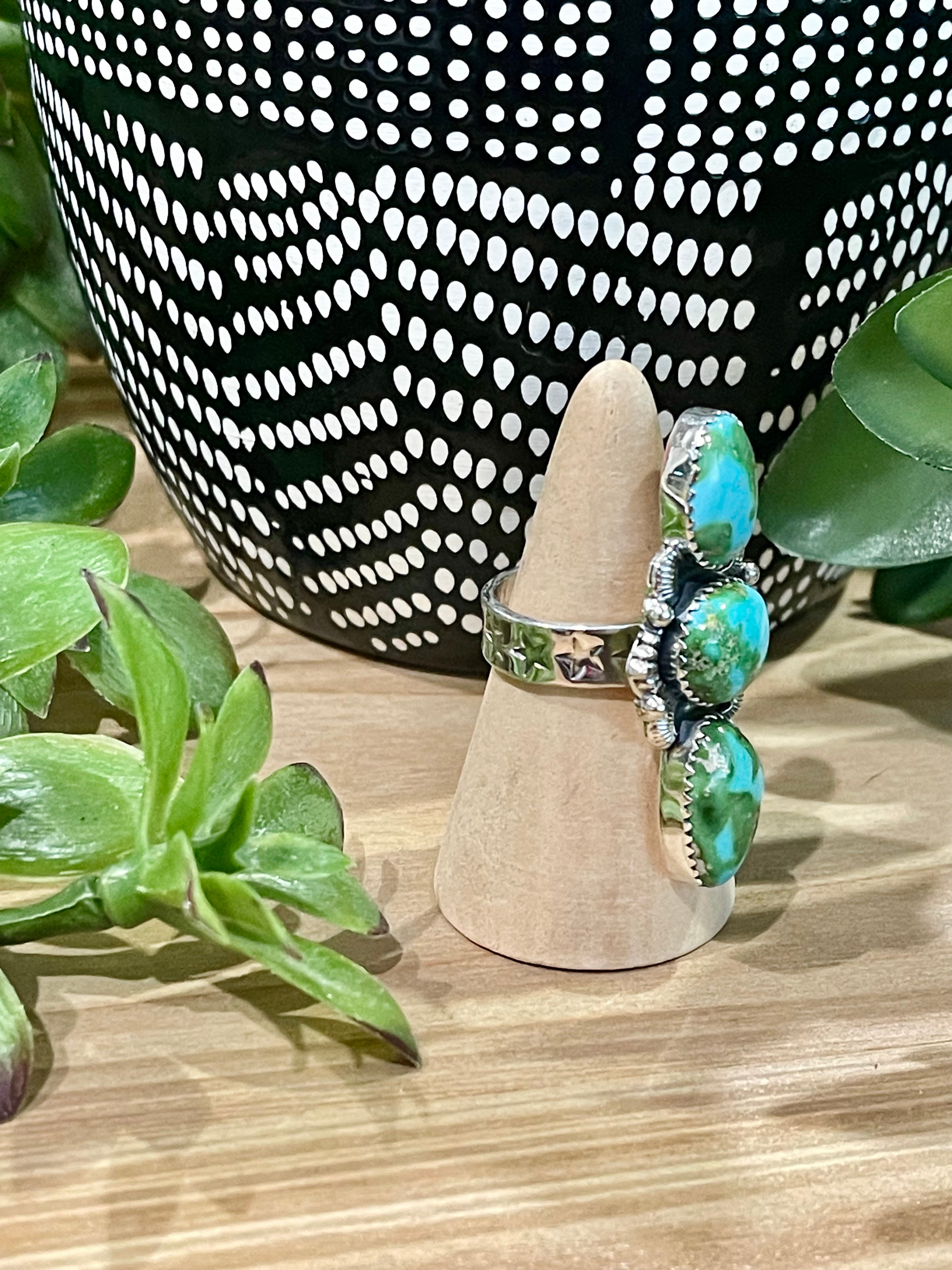 Southwest Handmade Sonoran Mountain Turquoise & Sterling Silver 3 Stone Adjustable Ring