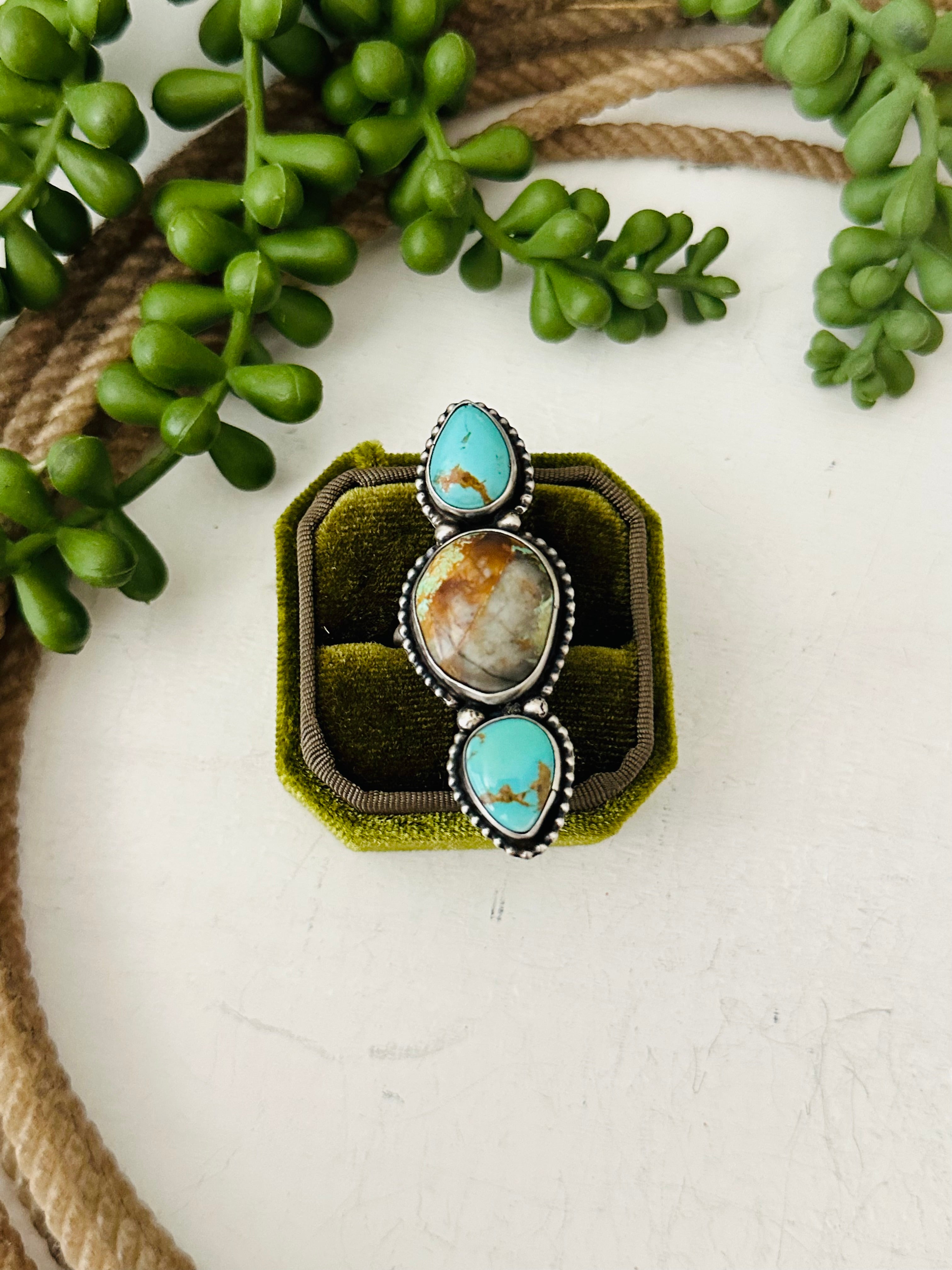 Navajo Made Multi Turquoise & Sterling Silver Adjustable Ring