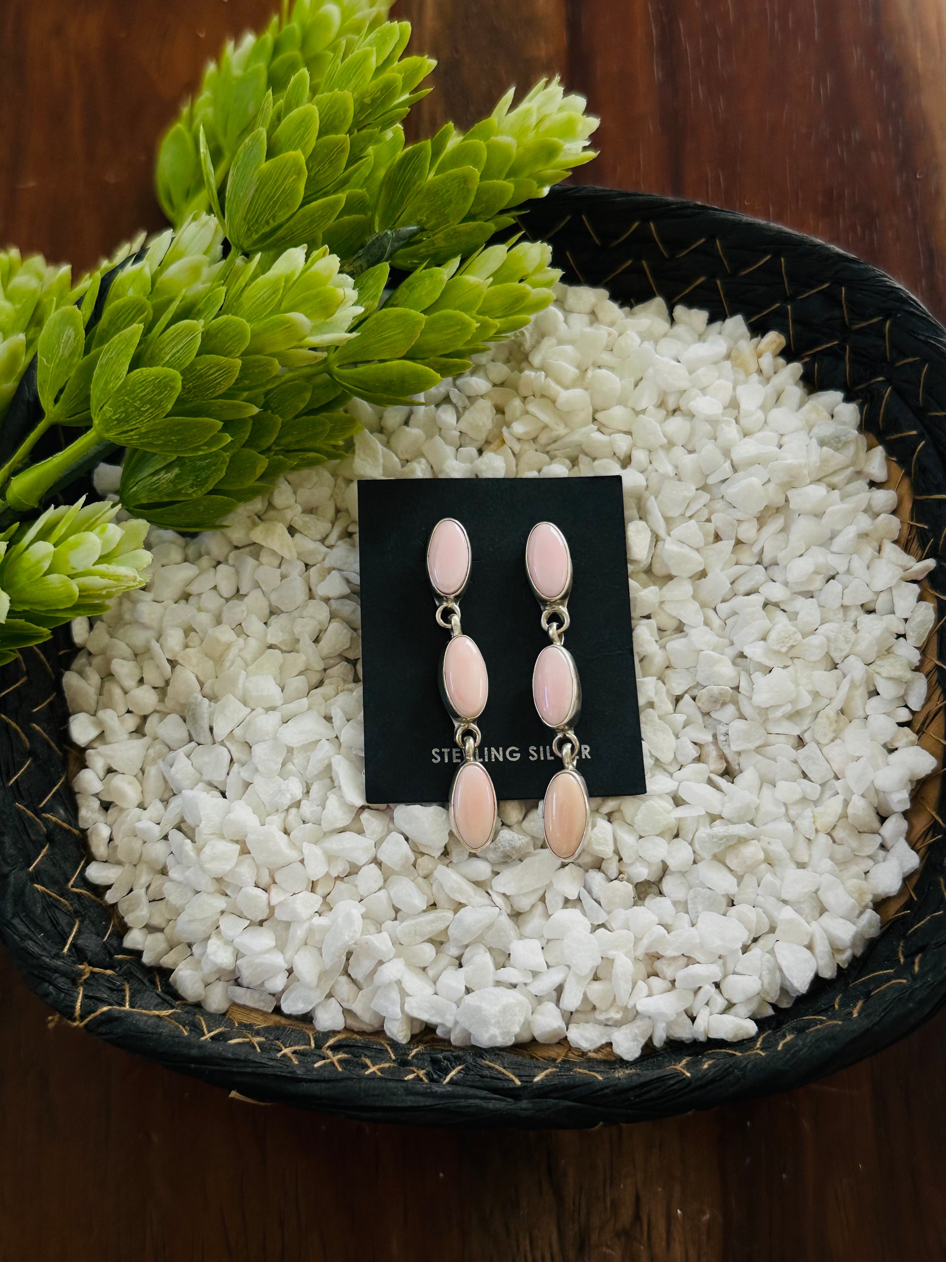 Navajo Made Pink Conch & Sterling Silver Post Dangle Earrings