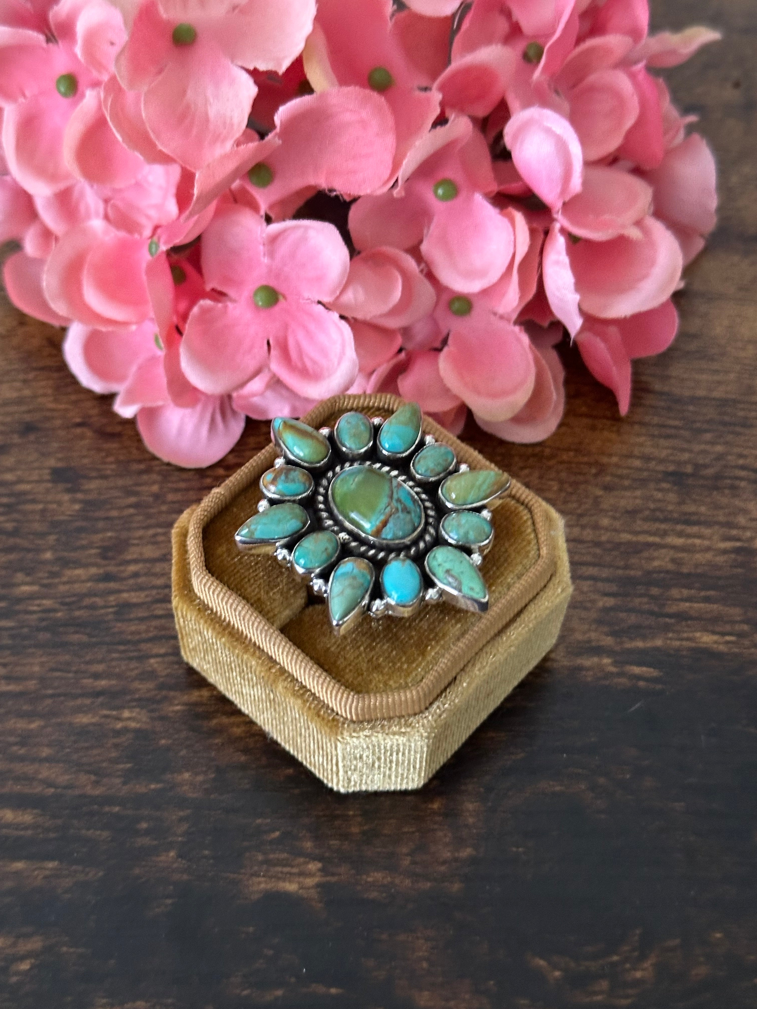 Southwest Handmade Kingman Turquoise & Sterling Silver Cluster Adjustable Ring