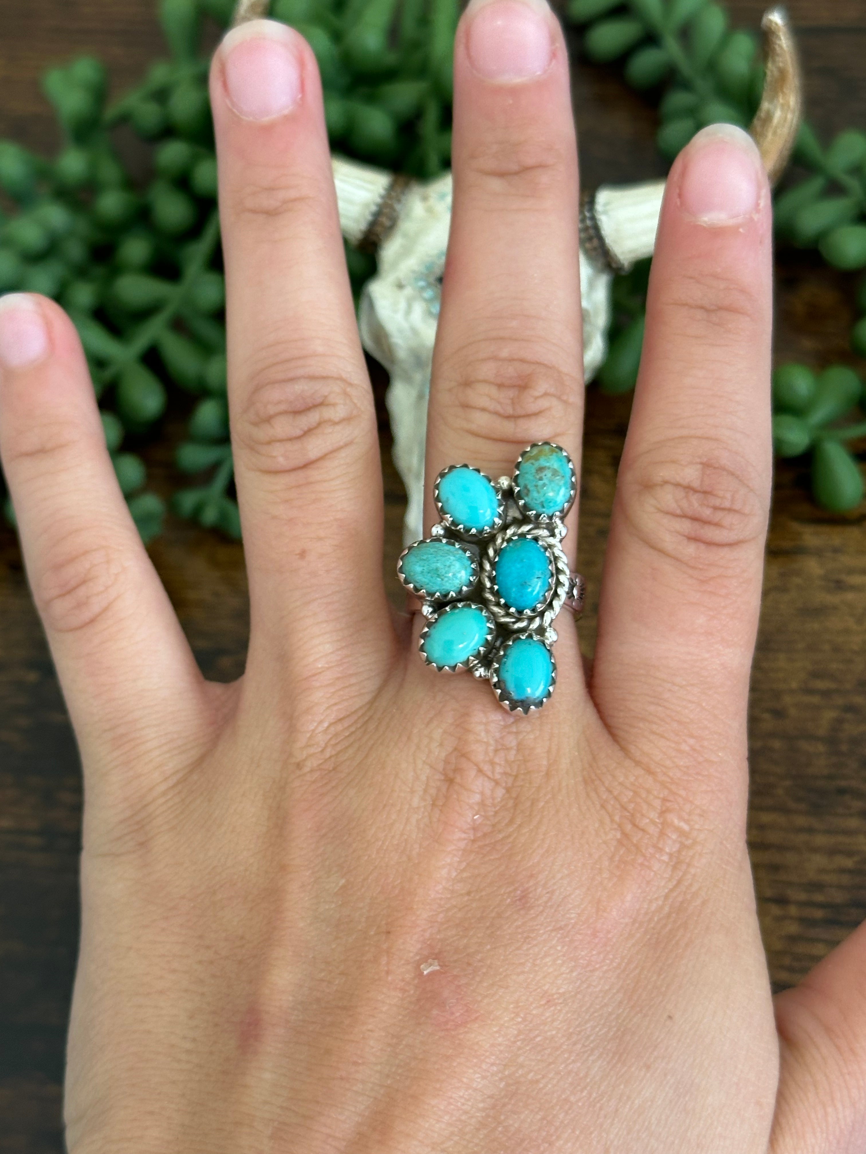 Southwest Handmade Kingman Turquoise & Sterling Silver Adjustable Cluster Ring