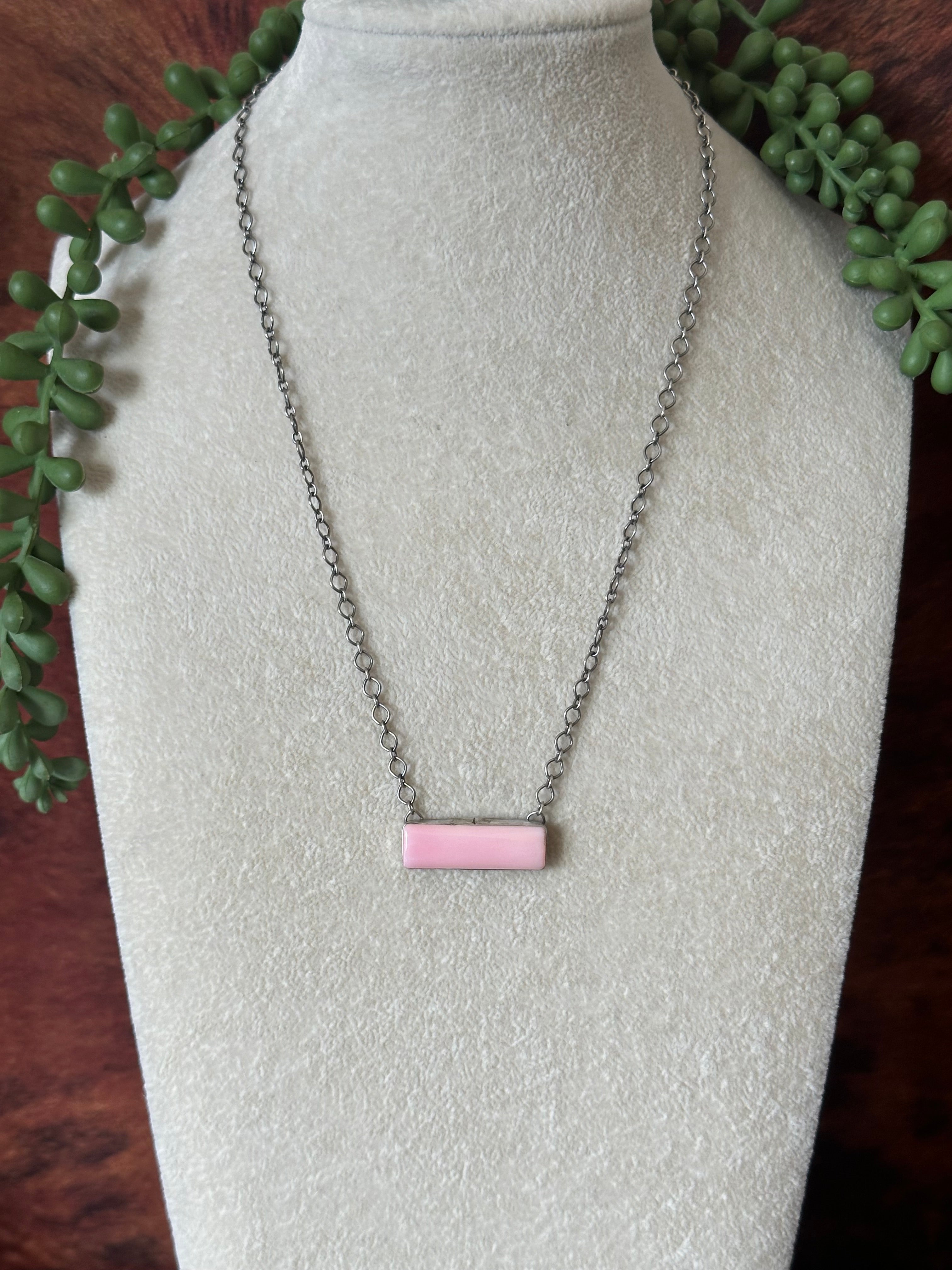 Navajo Made Pink Conch and Sterling Silver Bar Necklace