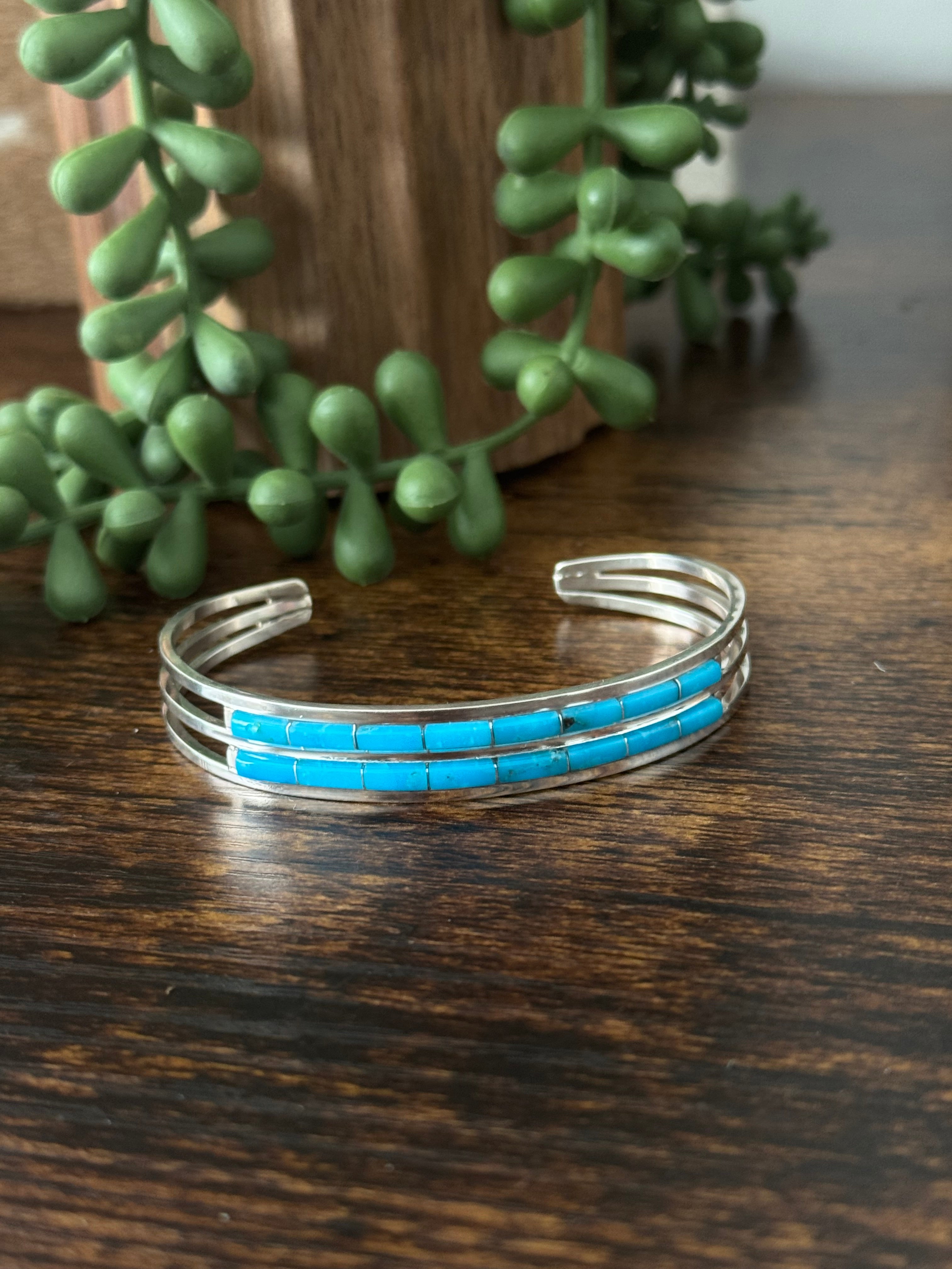 Navajo Made Kingman Turquoise & Sterling Silver Inlay Cuff Bracelet