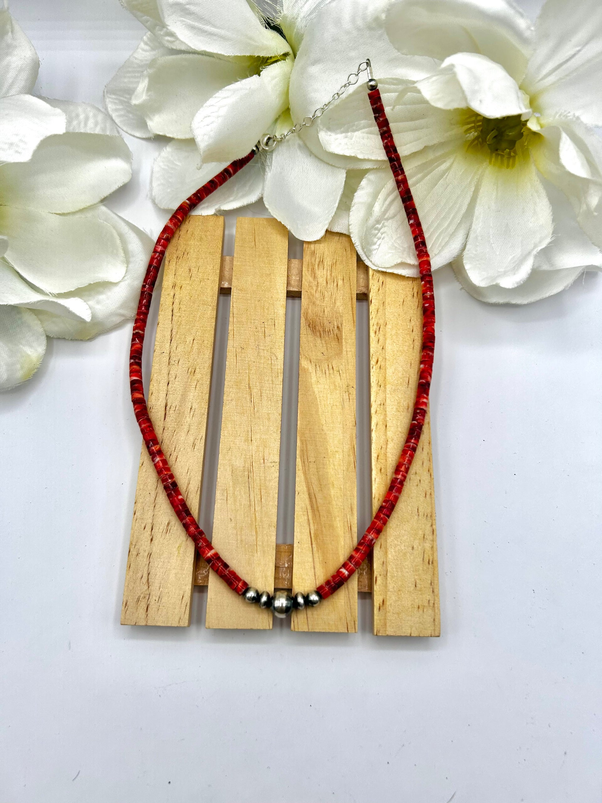 Navajo Made Strung Spiny Oyster & Sterling Silver Necklace