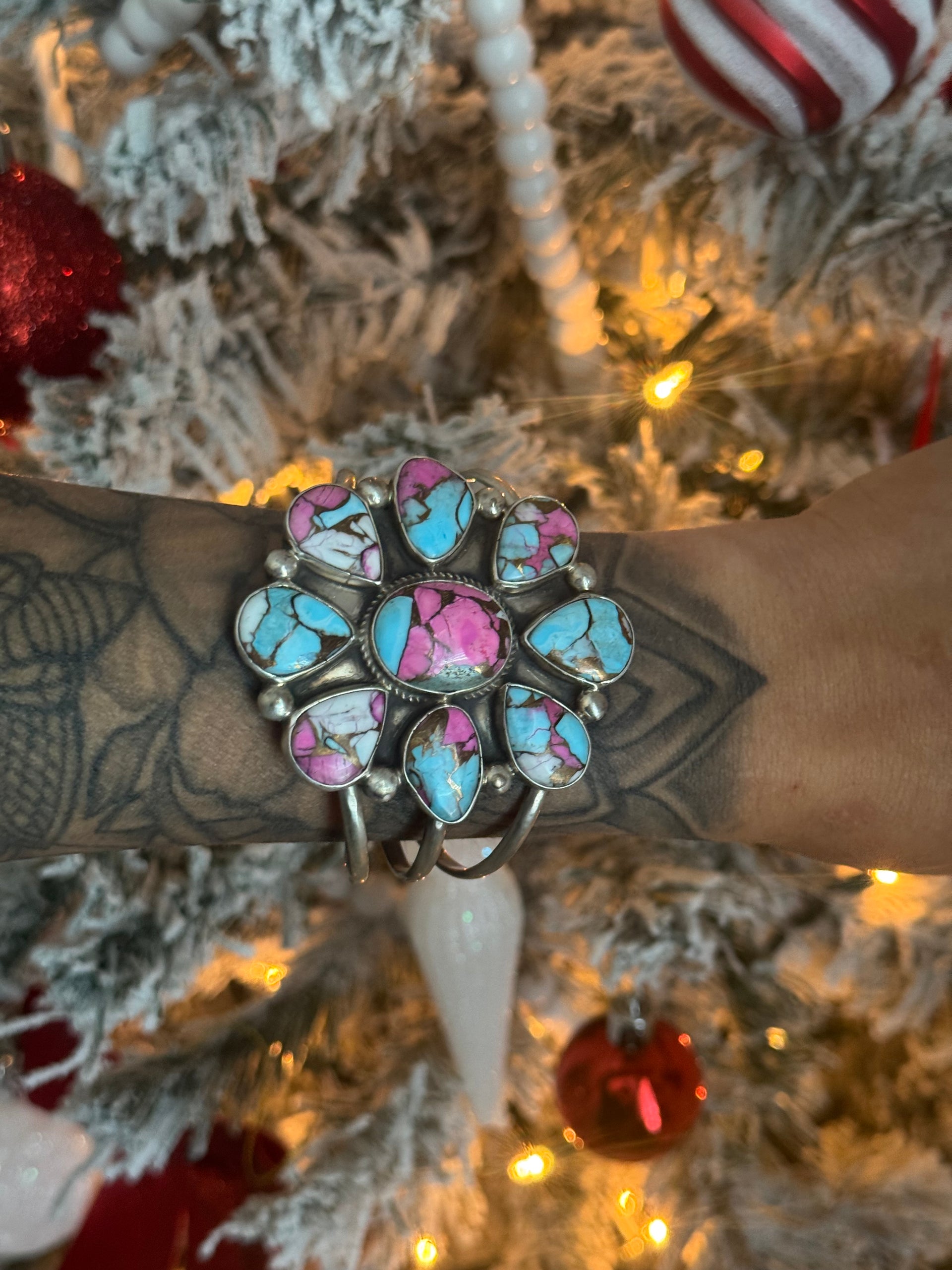 Gerildine James Cotton Candy Dahlia & Sterling Silver Cluster Cuff Bracelet