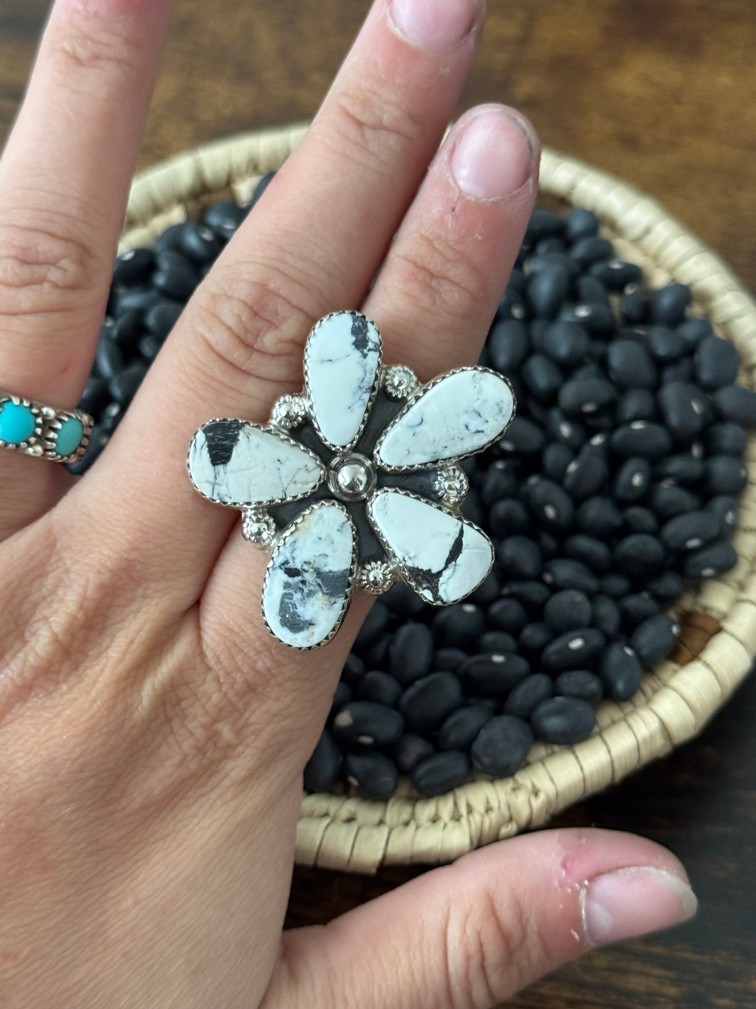 Southwest Handmade White Buffalo & Sterling Silver Adjustable Cluster Ring