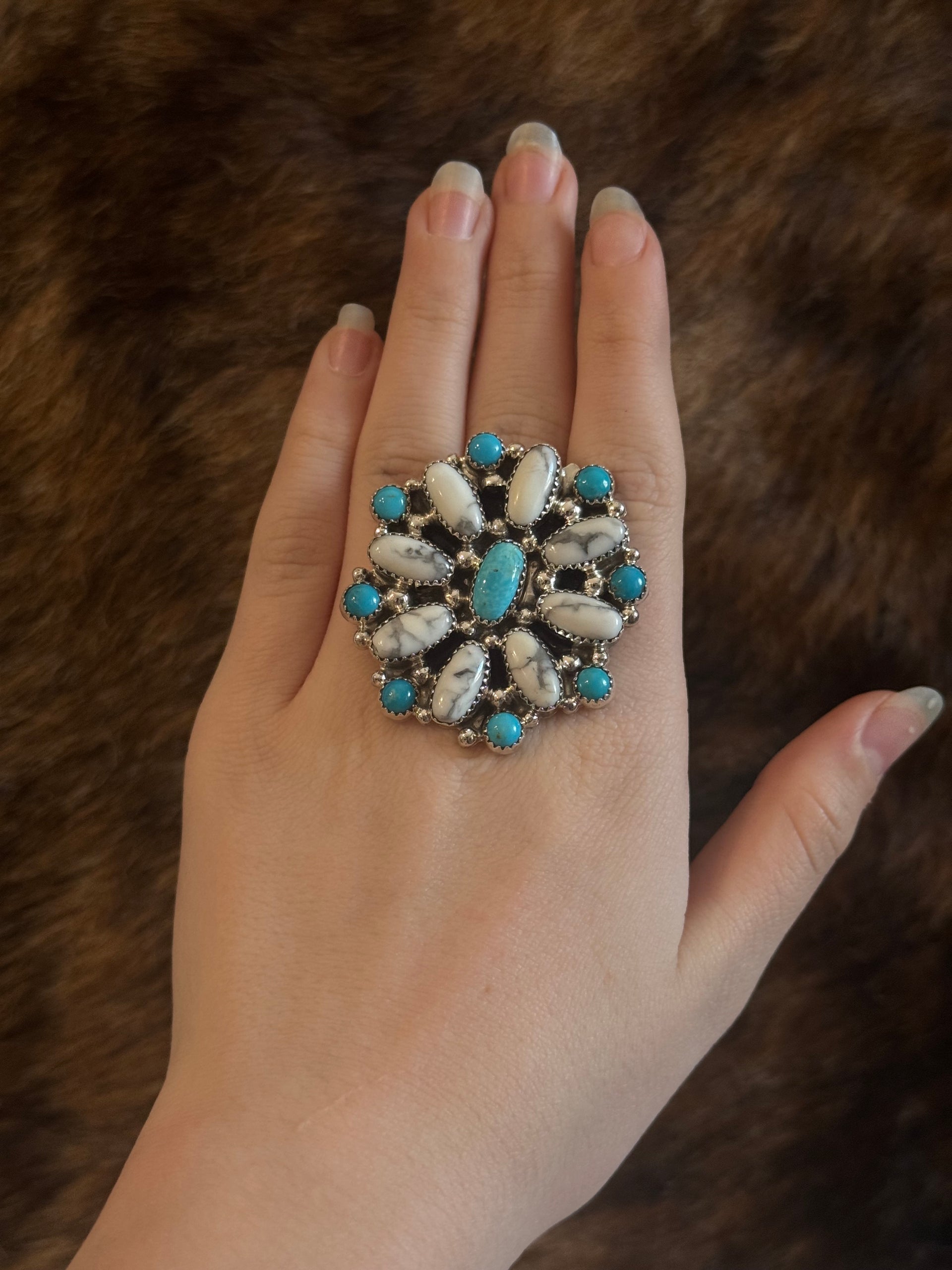 Navajo Made Multi Stone & Sterling Silver Adjustable Cluster Ring