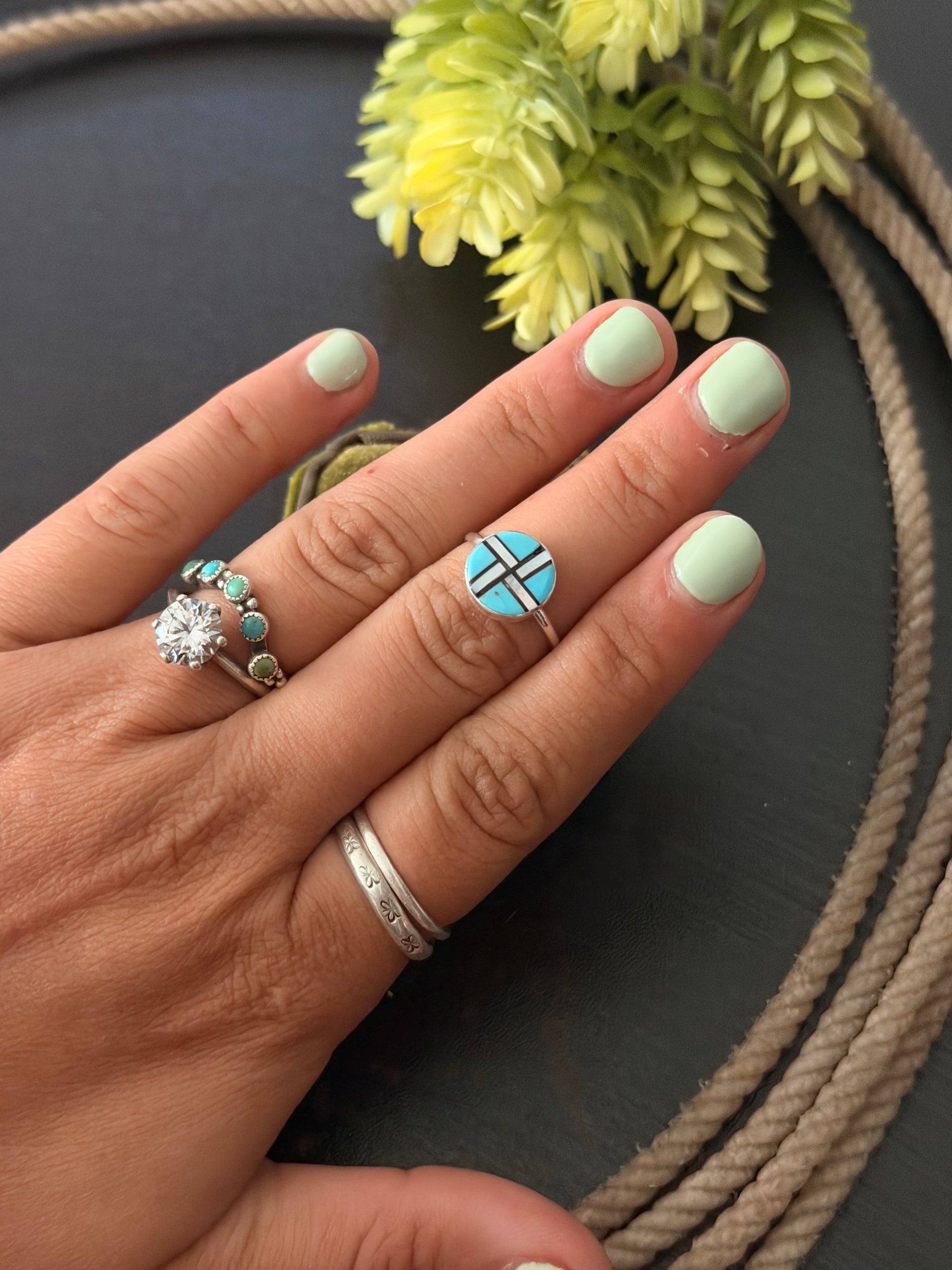 Zuni Made Multi Stone & Sterling Silver Inlay Ring Size 6