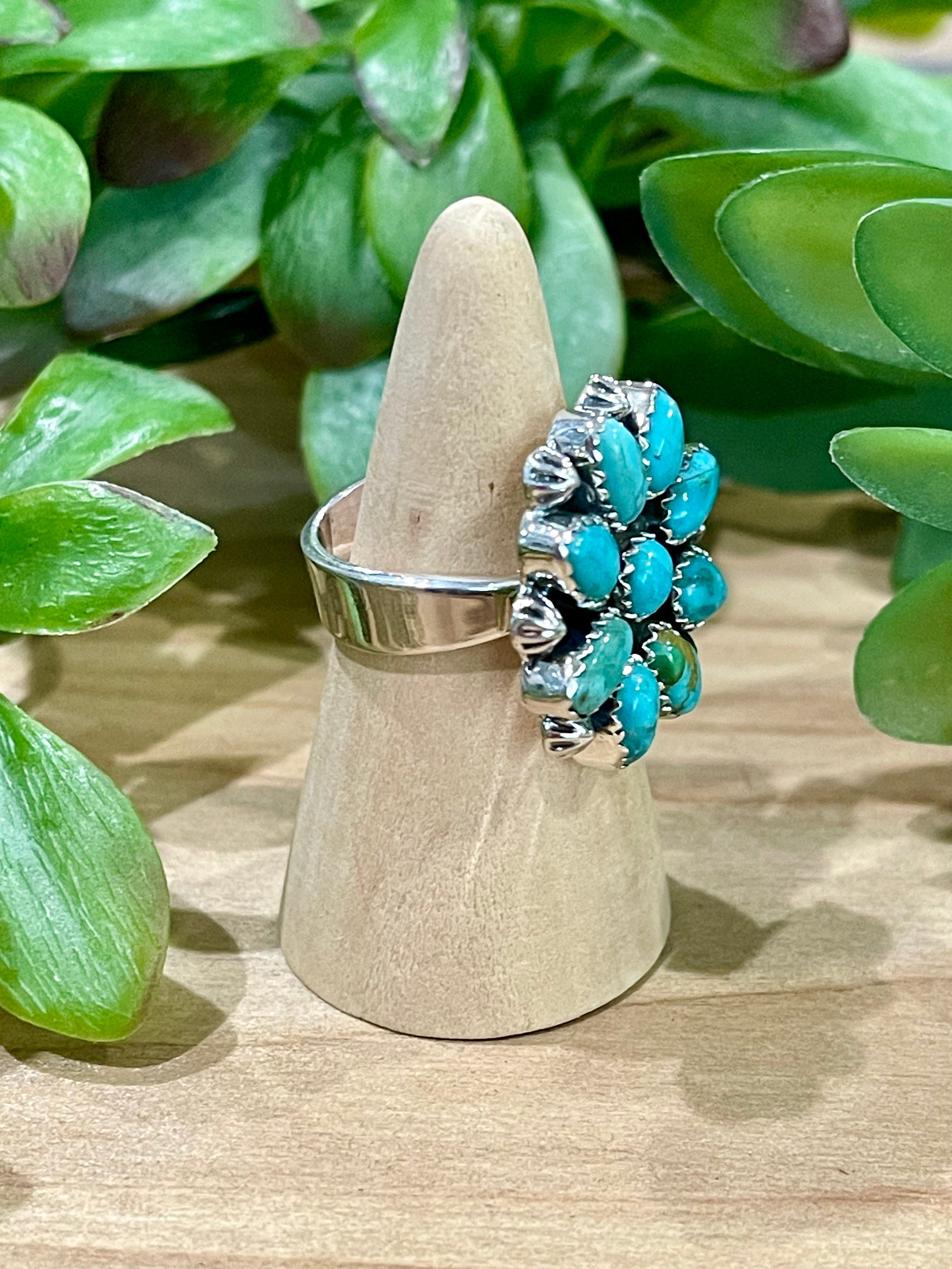 Southwest Handmade Kingman Turquoise & Sterling Silver Adjustable Flower Ring