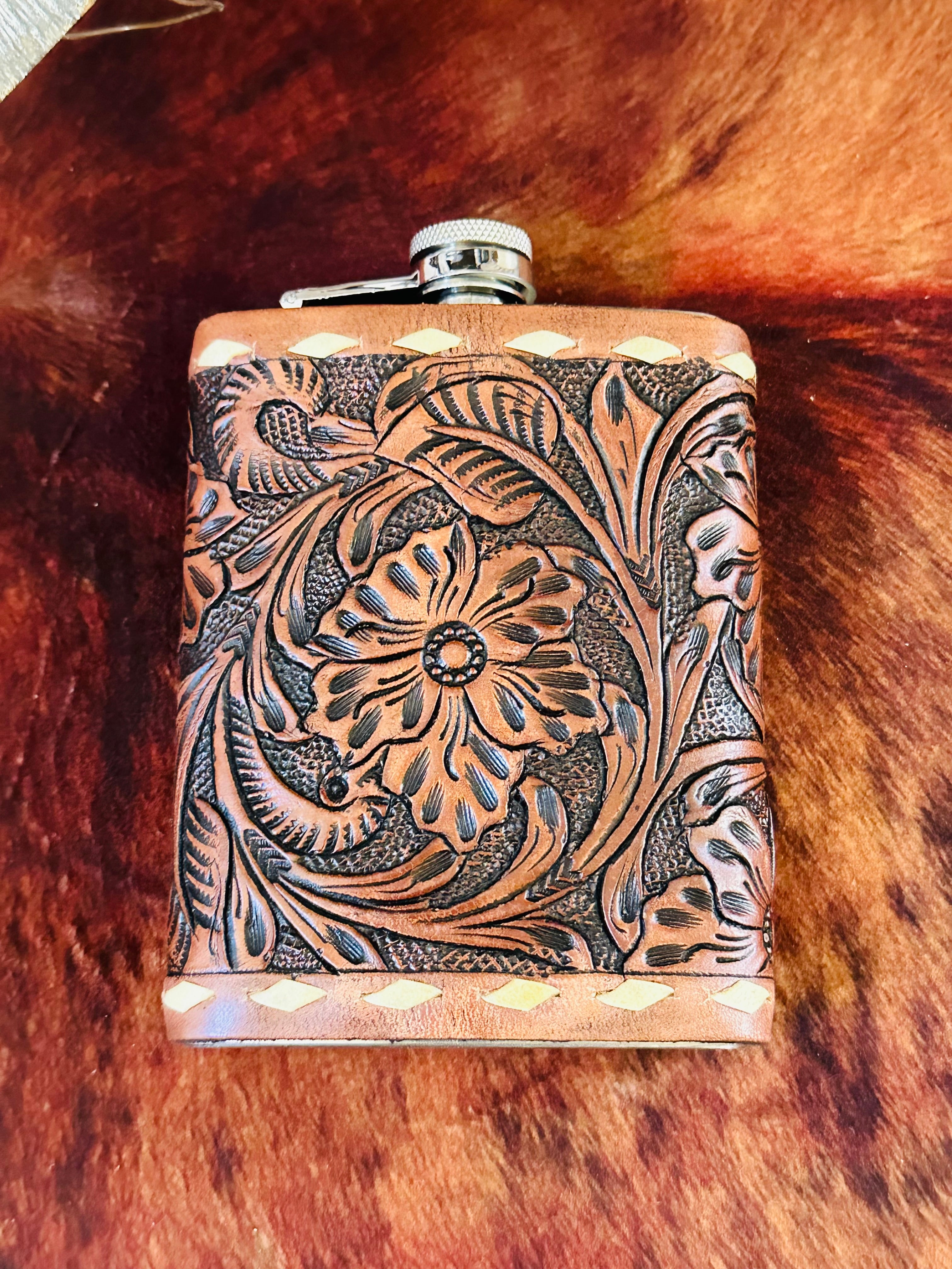 Genuine Tooled Leather 8 oz Flask