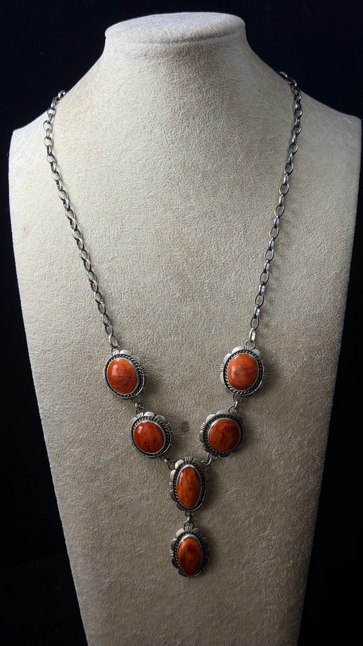 Larry Kaye Spiny Oyster and Sterling Silver Lariat Necklace Set