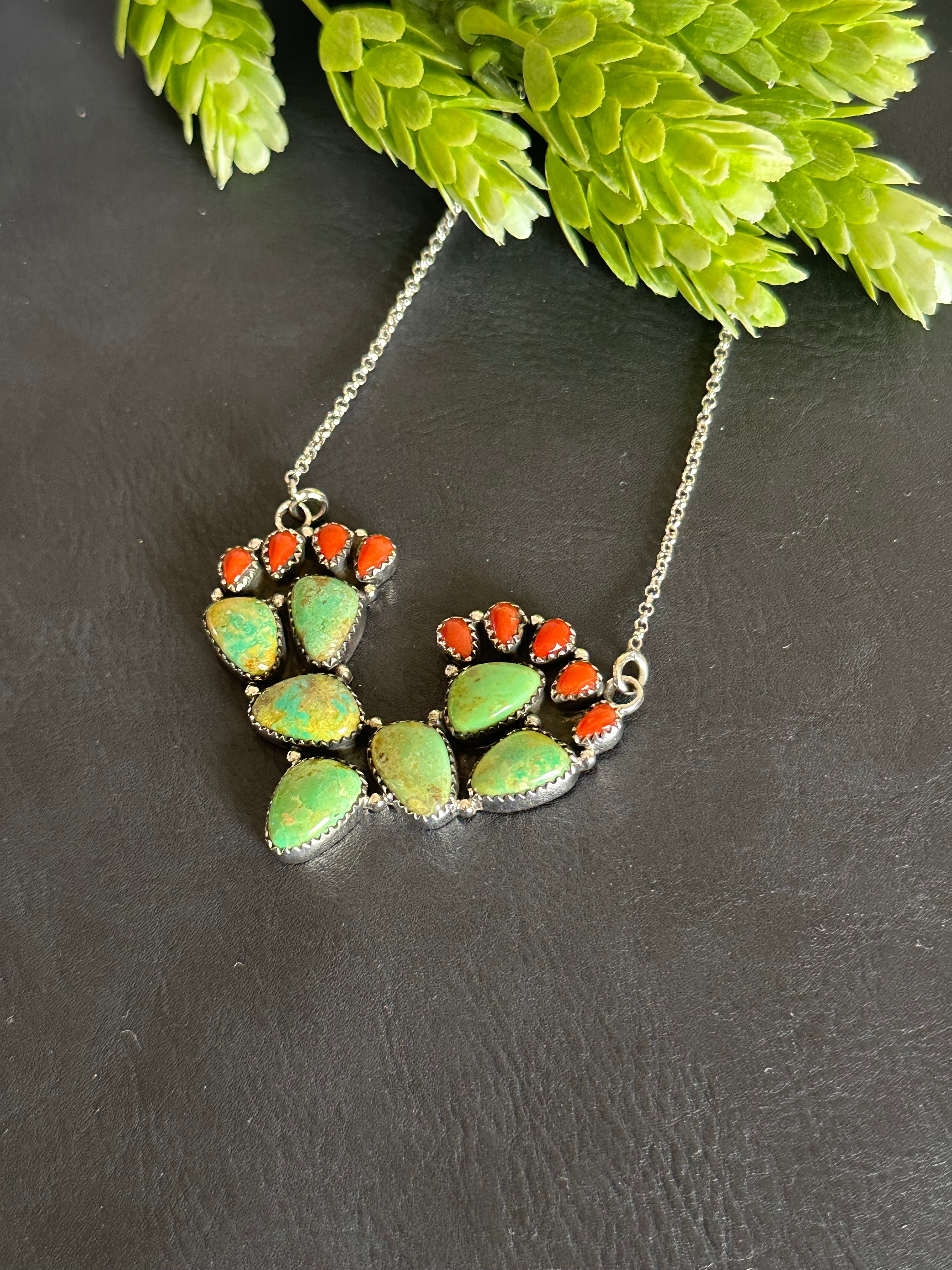 Southwest Handmade Multi Stone & Sterling Silver Cactus Necklace