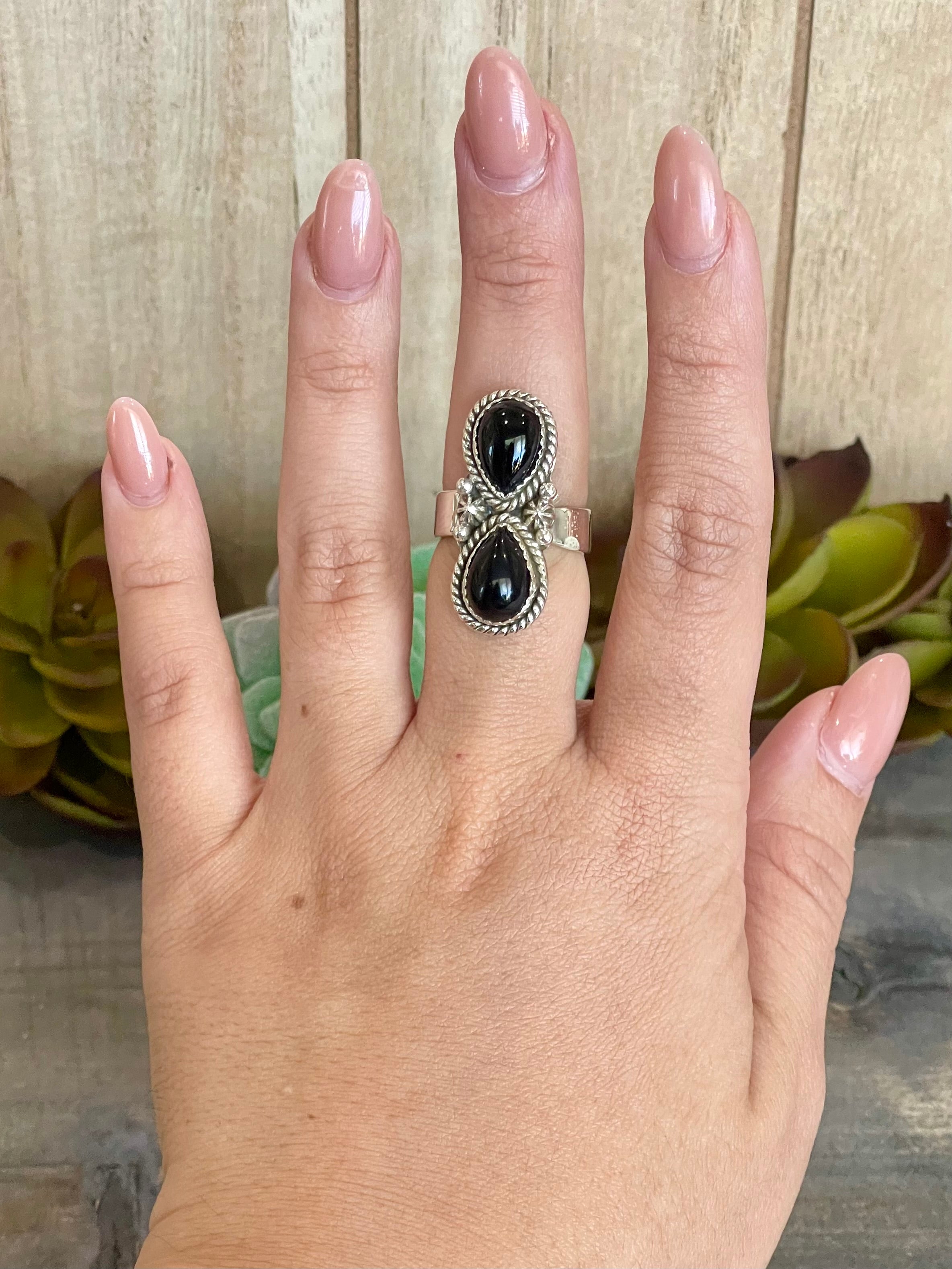 Southwest Handmade Black Onyx & Sterling Silver Adjustable Ring