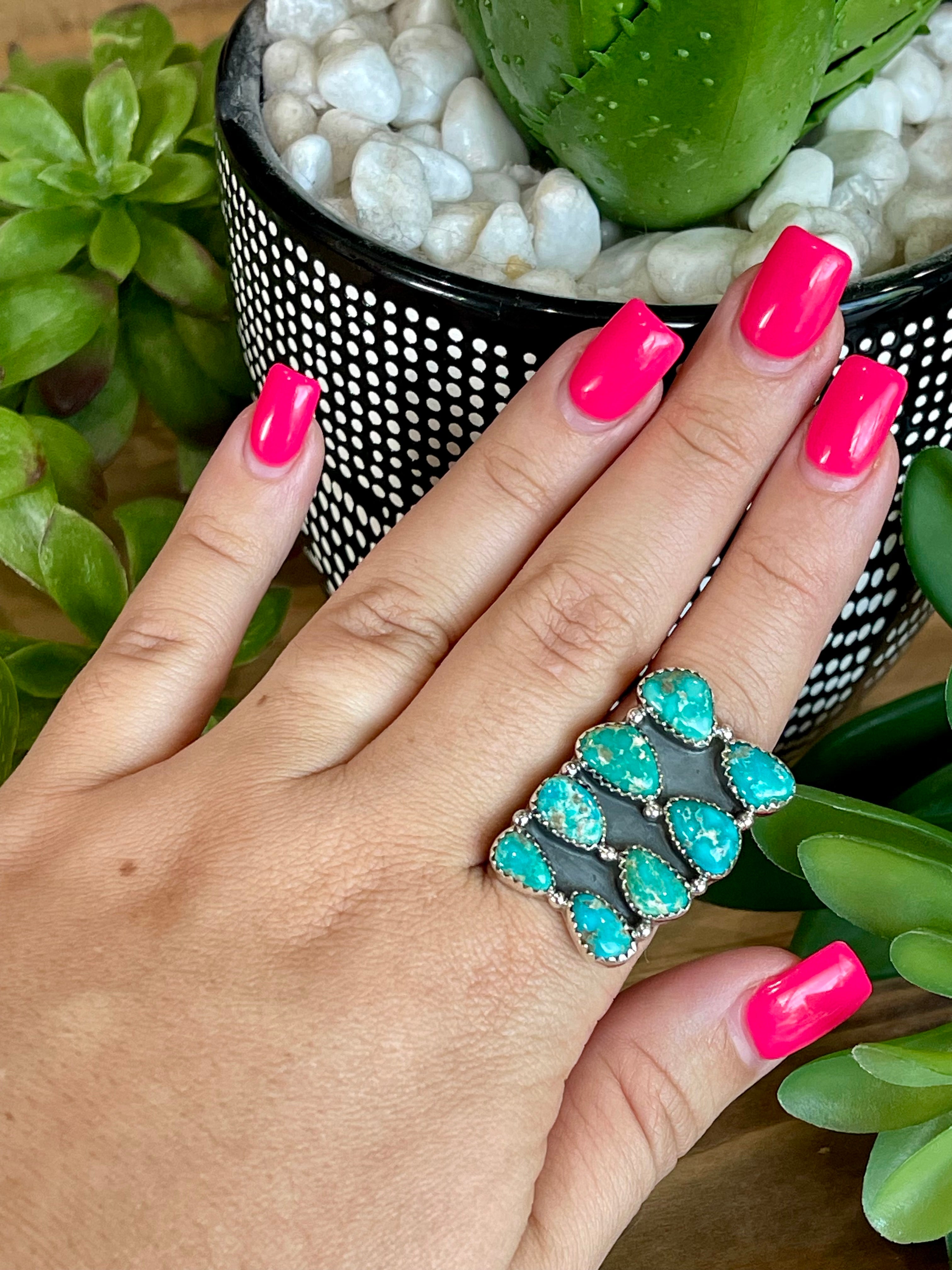 Southwest Handmade Sonoran Mountain Turquoise & Sterling Silver Cluster Adjustable Ring