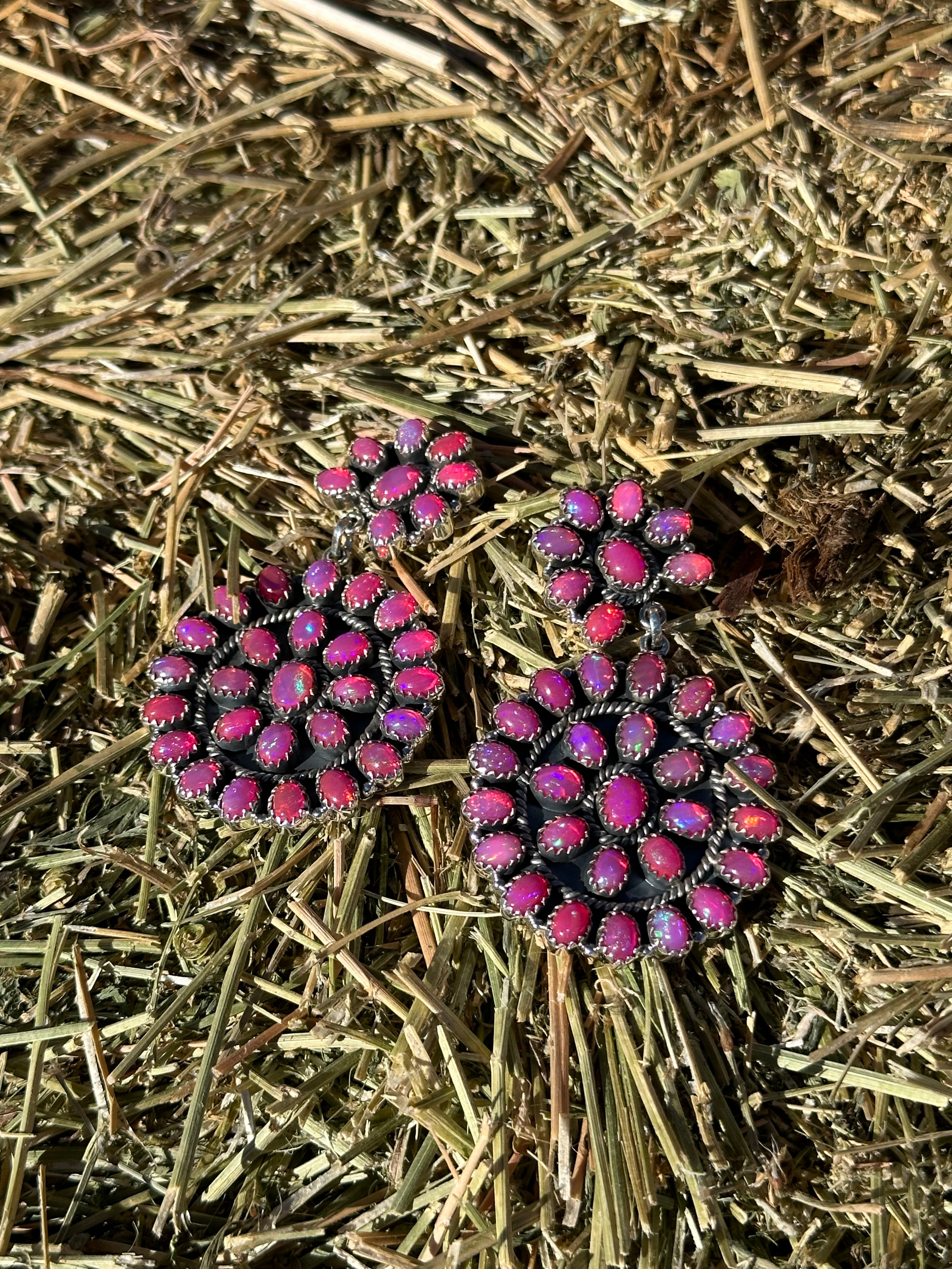 Southwest Handmade Pink Opal & Sterling Silver Post Dangle Cluster Earrings