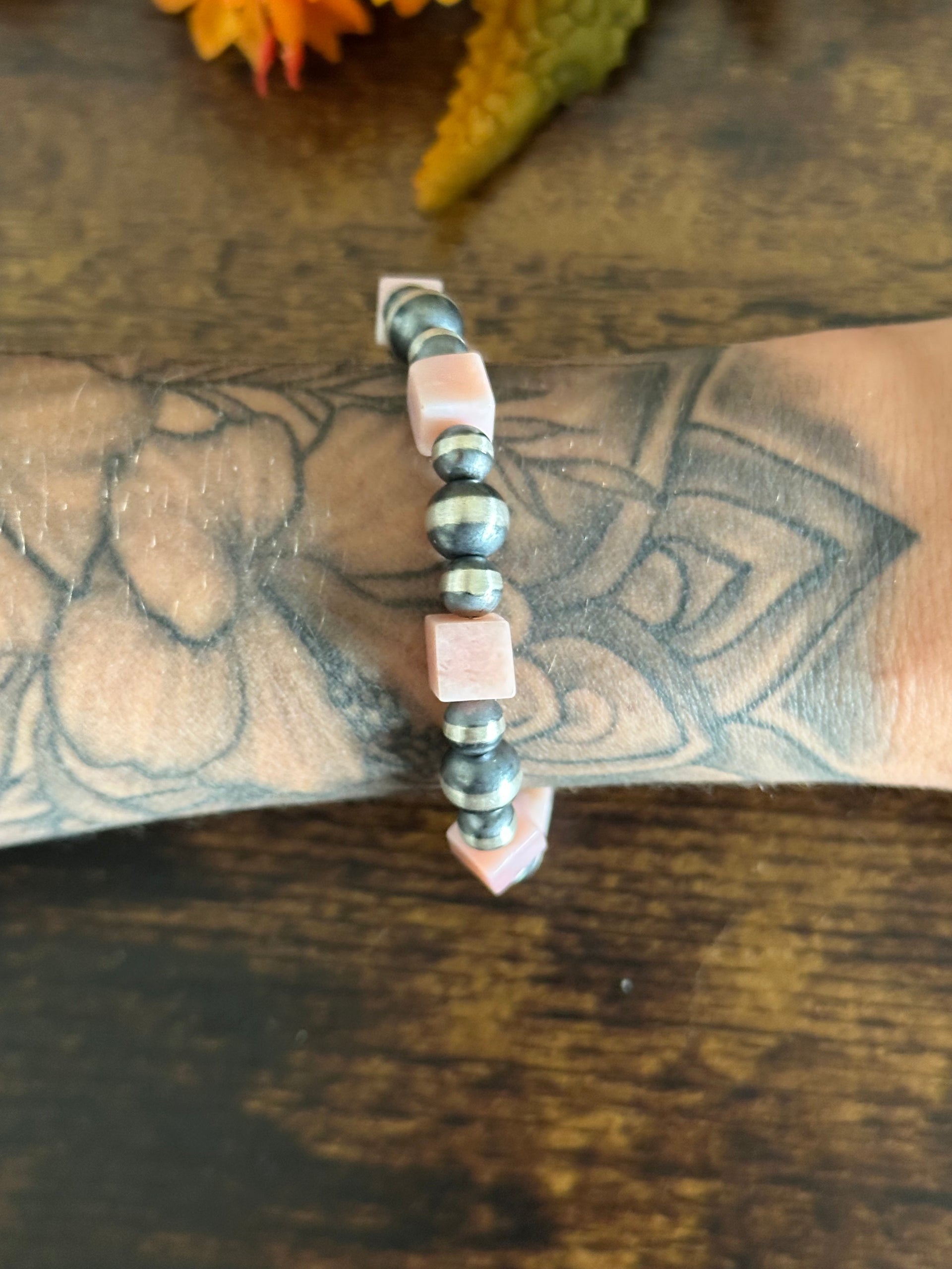 Navajo Strung Peruvian Pink Opal & Sterling Silver Pearl Beaded Bracelet