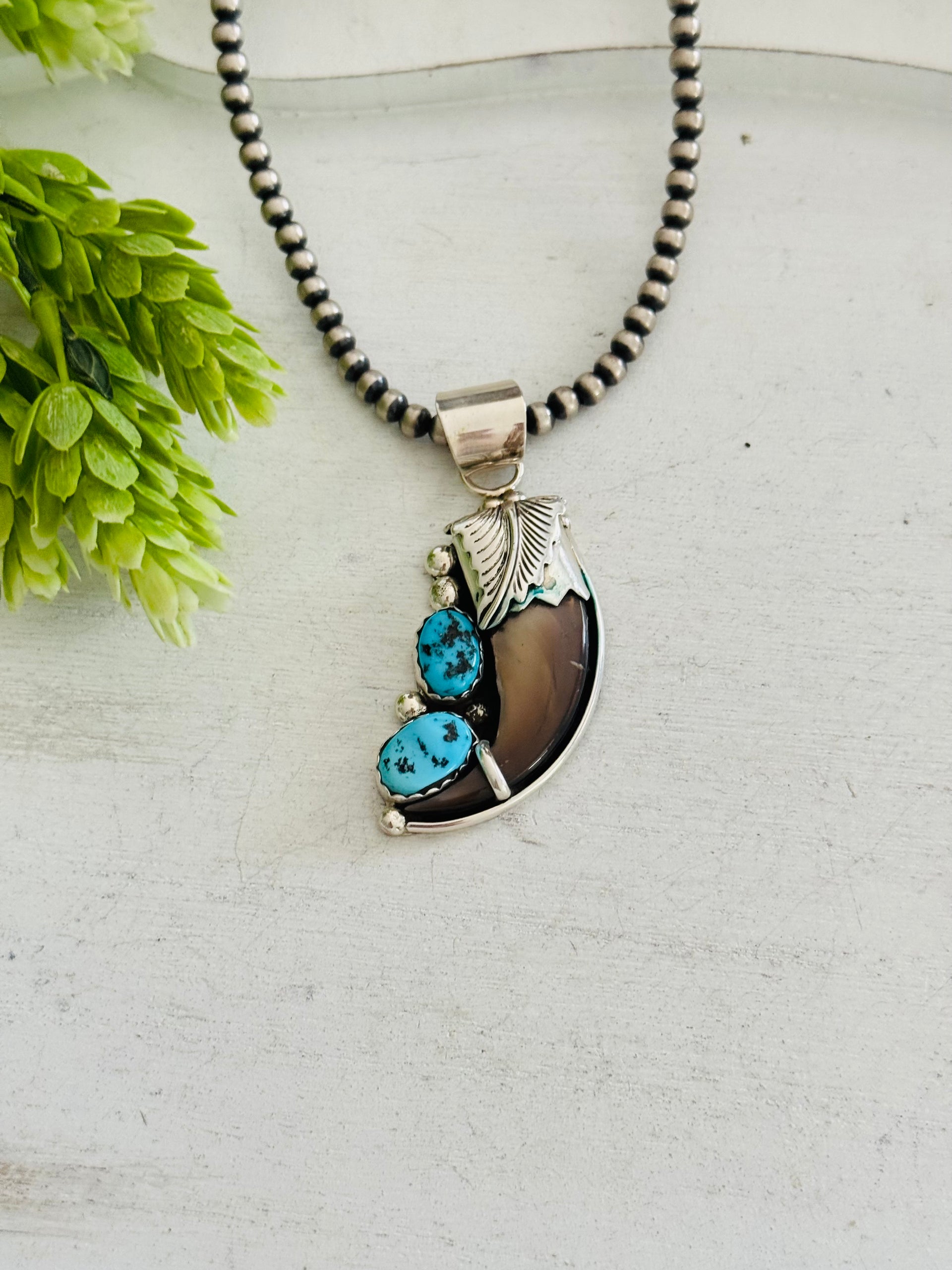 OldPawn Navajo Made Kingman Turquoise & Sterling Silver Bear Claw Pendant