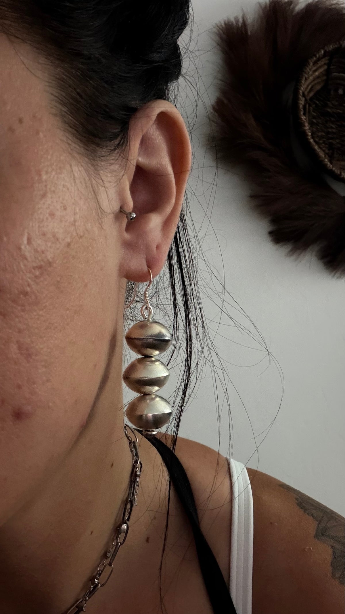 Navajo Strung Sterling Silver Handmade Made Pearl Dangle Earrings